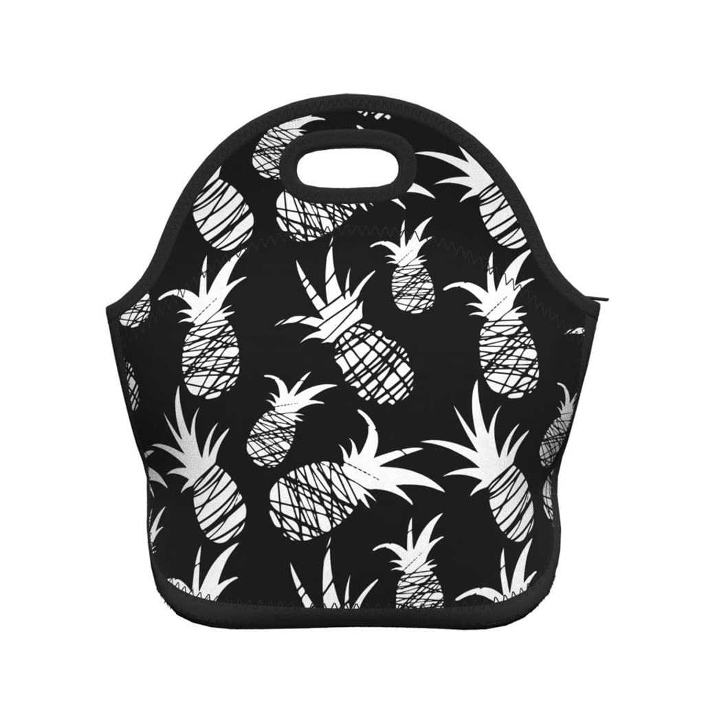 Vintage Black Pineapple Lunch Bag for Women & Girls - Durable Neoprene Insulated Tote Cooler Bag - Perfect for School, Work, Office, Picnic & Beach (29x14x28cm)