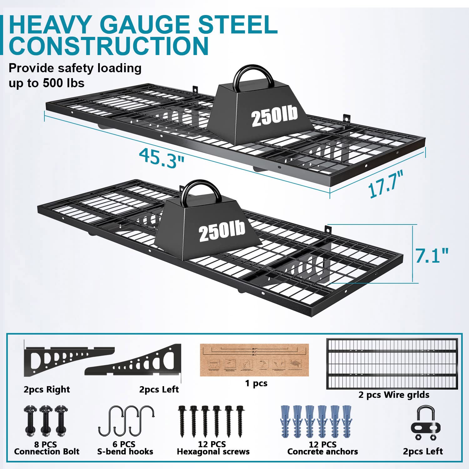 Heavy Duty Wall Mounted Garage Storage Shelves - 2 Pack 1.5x3.8ft Black Metal Shelving Units, 500 lbs Capacity Adjustable Floating Wall System - Perfect for Garage Organization, Workshop Storage & Home Utility Shelving