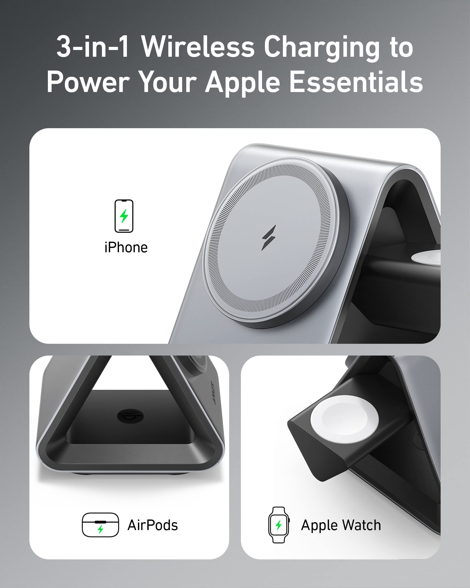 Anker MagGo 3-in-1 Magnetic Wireless Charging Station - MFi Certified 15W Max Fast Charger for iPhone 16/15/14/13/12, Apple Watch Series 8/7/6 & AirPods 3/Pro (Includes 30W USB-C Adapter) - Perfect for Home, Office & Travel Charging