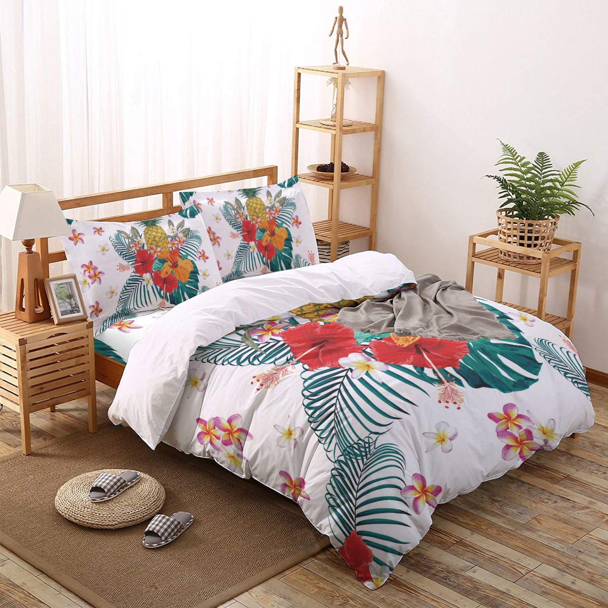 Luxury 4-Piece King Size Duvet Cover Set - Soft Red Hibiscus Flowers Pineapple Tropical Plants Bedding | Includes 1 Duvet Cover, 1 Flat Sheet & 2 Pillowcases | Perfect for Master Bedroom, Guest Room & Tropical Themed Decor