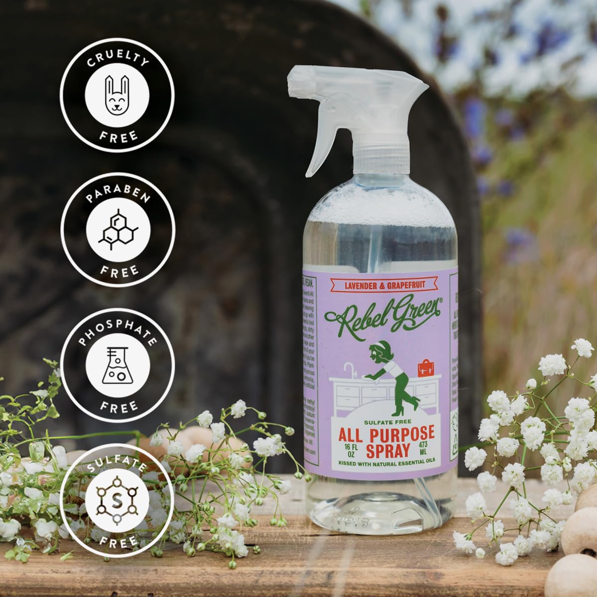 Rebel Green Natural All-Purpose Cleaning Spray - Essential Oil Multi-Surface Cleaner for Kitchen, Bathroom & Floors | Kid & Pet Safe | Eco-Friendly Cleaning Products | Lavender & Grapefruit Scent | 16oz Bottles (4 Pack) | Perfect for Home, Office & Commercial Use