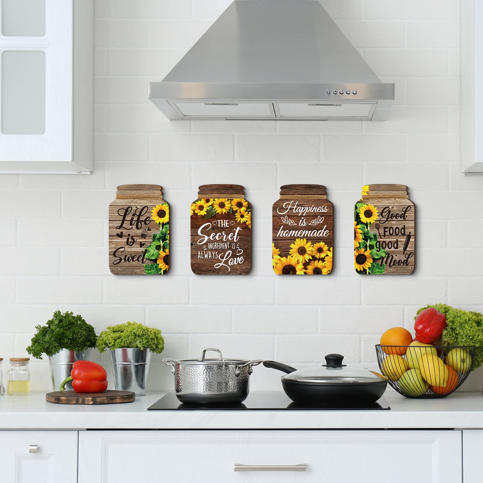 4 Pcs Rustic Wooden Mason Jar Wall Decor Set - Farmhouse Kitchen Signs with Inspirational Quotes - Sunflower Design for Home & Living Room Decoration - Perfect for Country Style Kitchens, Dining Rooms, and Cozy Spaces