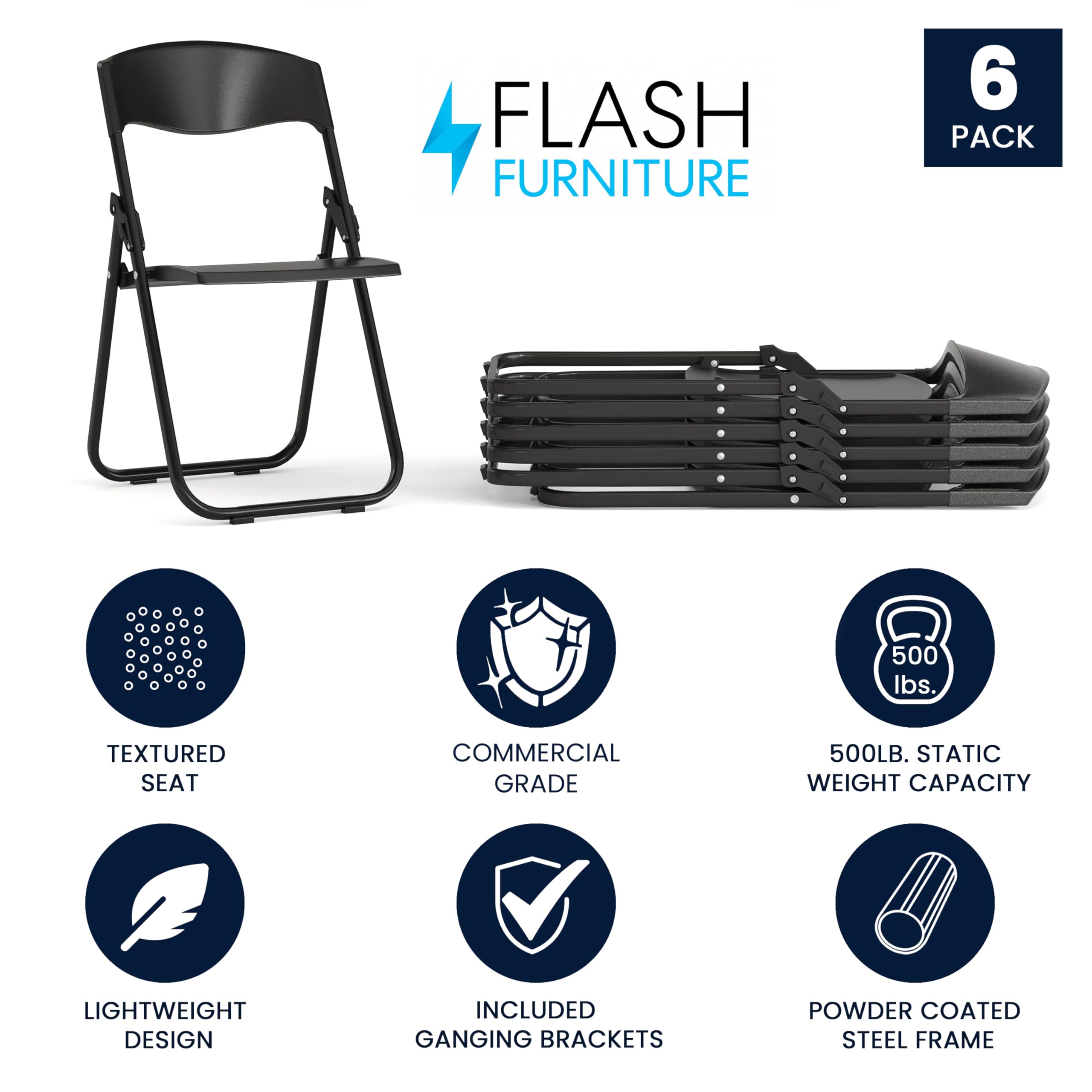 Flash Furniture 6-Pack HERCULES Series Heavy Duty Black Plastic Folding Chairs - 500 lb Capacity, Built-in Ganging Brackets - Perfect for Events, Parties, Banquets and Outdoor Gatherings