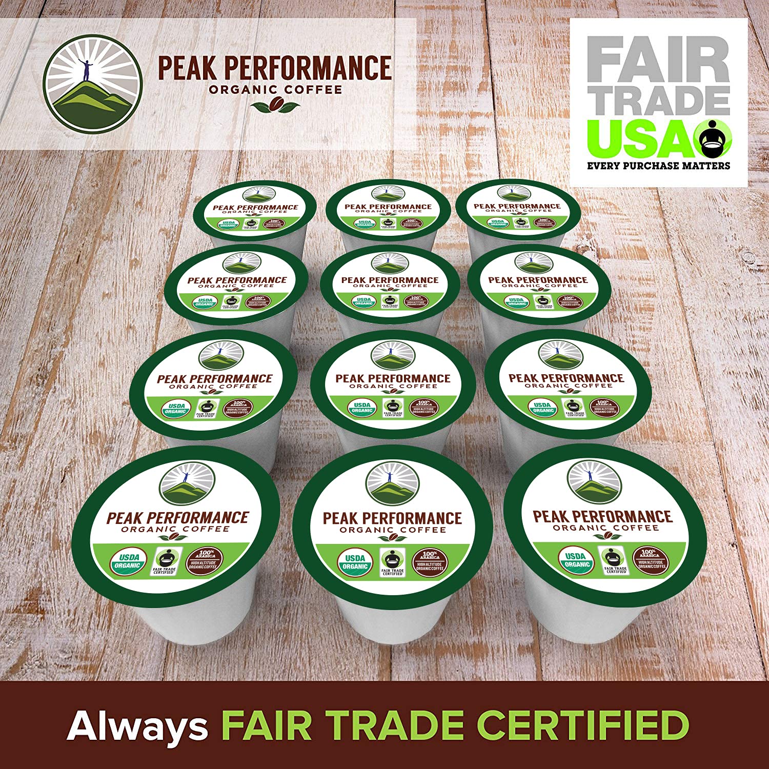 Peak Performance Organic Coffee Pods - Low Acid K-Cup Keurig Compatible, USDA Organic, Fair Trade Medium Roast Single Serve Coffee (96 Count Recyclable Cups) - Perfect for Home, Office & High Performers