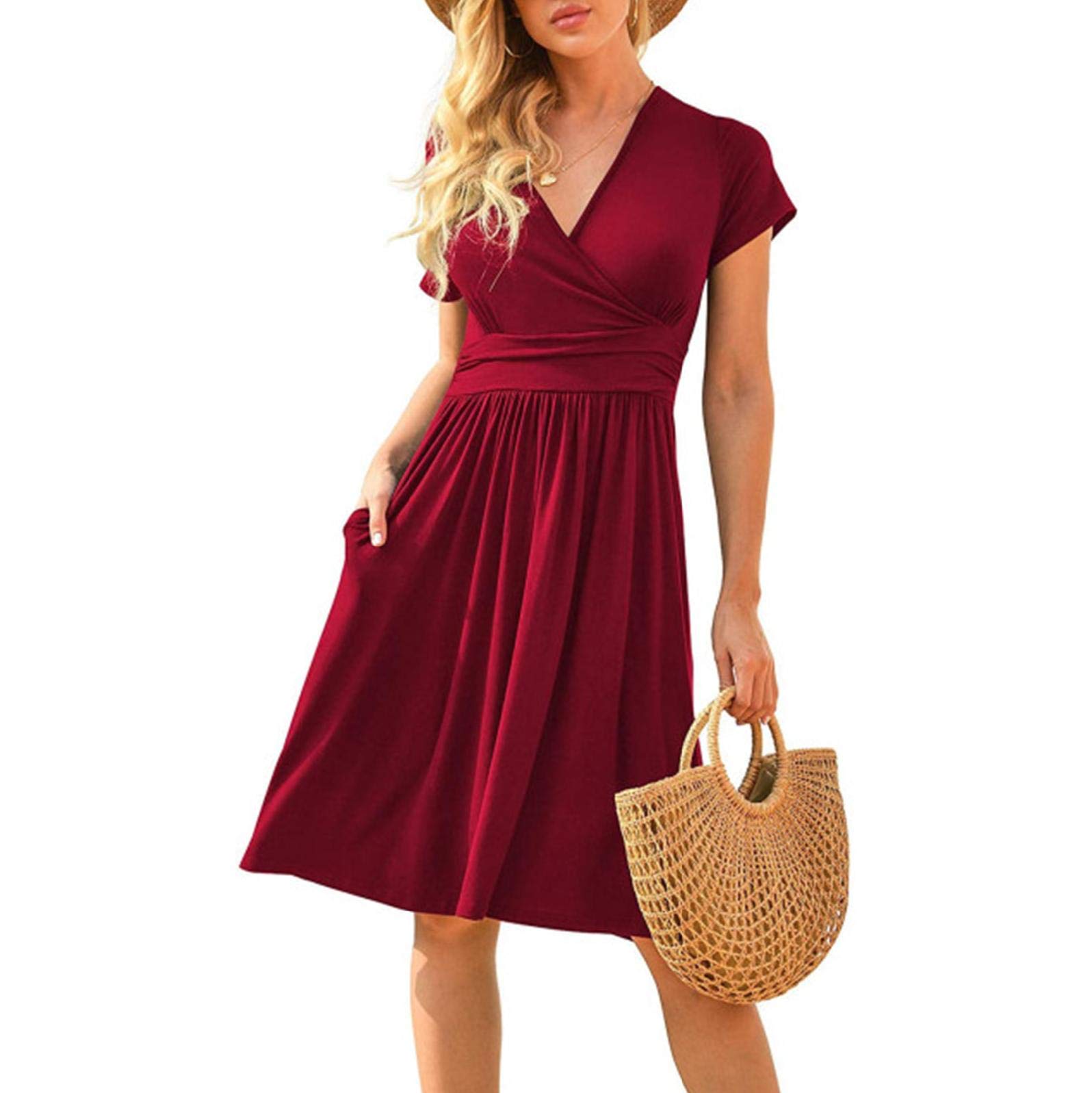 Women's Floral Summer Dress - Short Sleeve V-Neck Beach Party Dress with Pockets | Casual Outfit for Vacations, Picnics & Date Nights