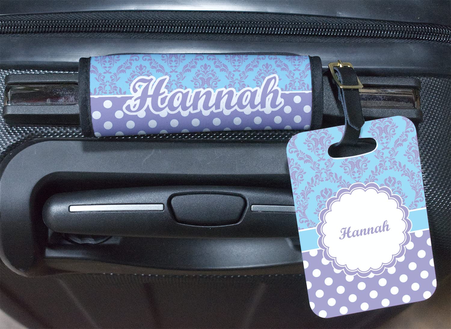 Custom Purple Damask & Dots Personalized Plastic Luggage Tag with Name/Text - Square Travel ID Tag for Suitcases, Backpacks & Carry-On Bags