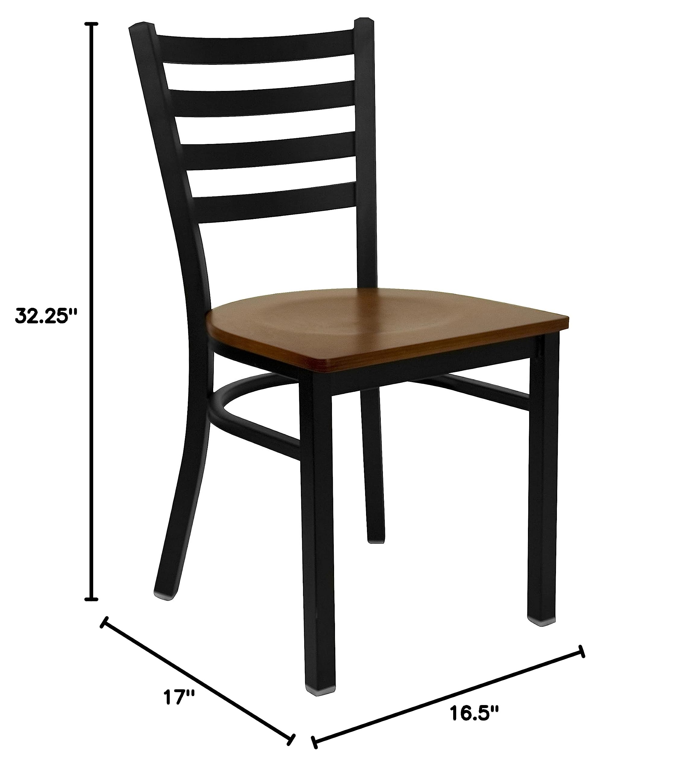 2 Pack Black Metal Ladder Back Restaurant Chairs with Cherry Wood Seat - Sturdy & Stylish Dining Chairs for Cafes, Bistros, and Home Kitchens