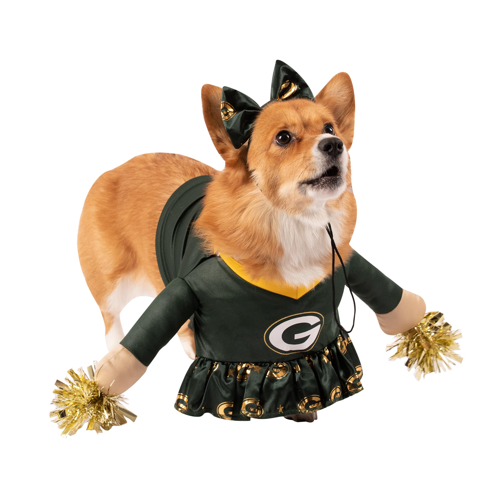 Green Bay Packers Cheer Dog Costume - Officially Licensed XL Size with Faux Stuffed Arms, Tinsel Pom-Poms & Satin Bow Headband for Game Day & Pet Parties