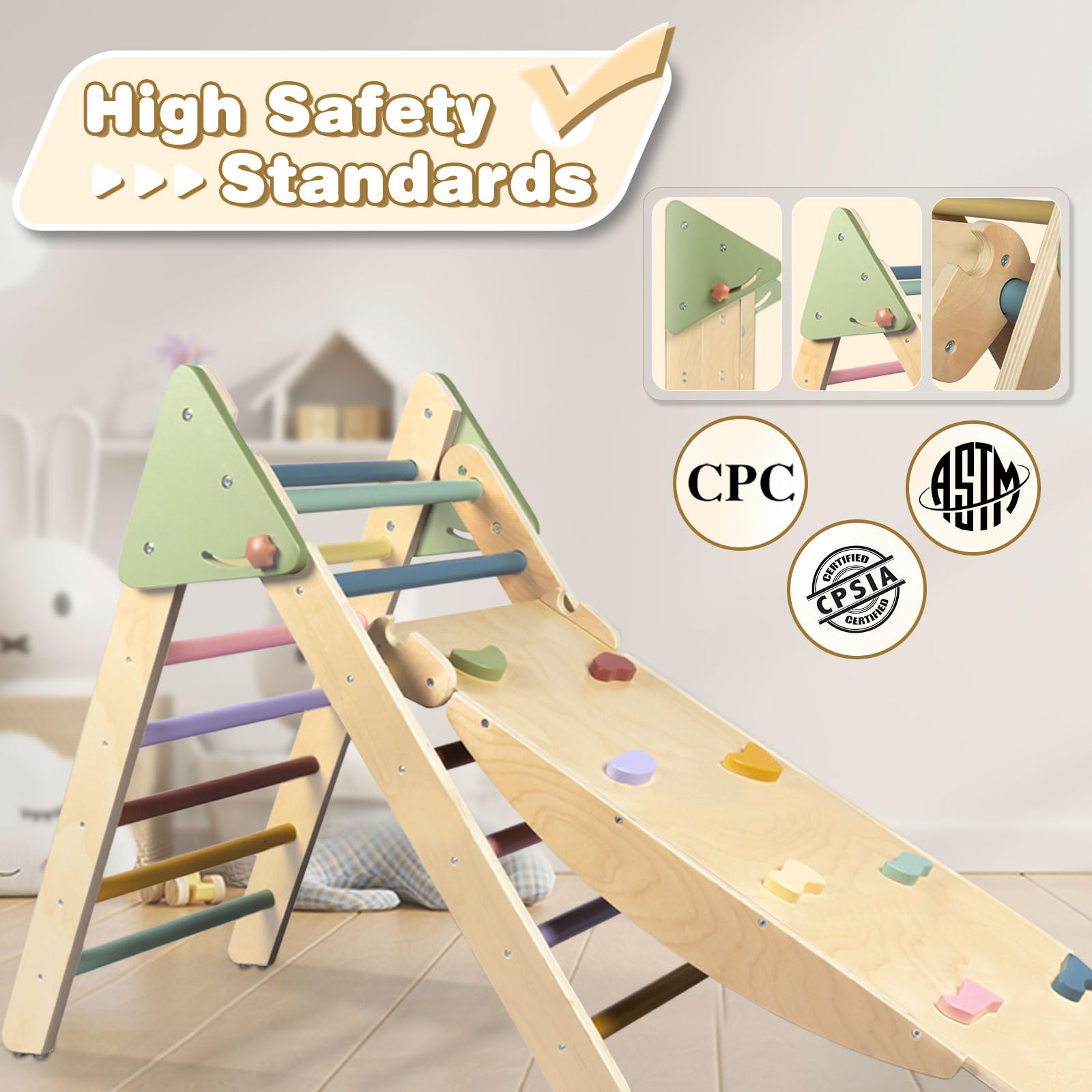 **LOL-FUN 4-in-1 Pikler Triangle Climber Set with Ramp & Slide – Large Foldable Wooden Toddler Climbing Toy for Indoor Play – Montessori Toys for Kids 1-3 Years – Perfect for Home, Nursery & Playroom**