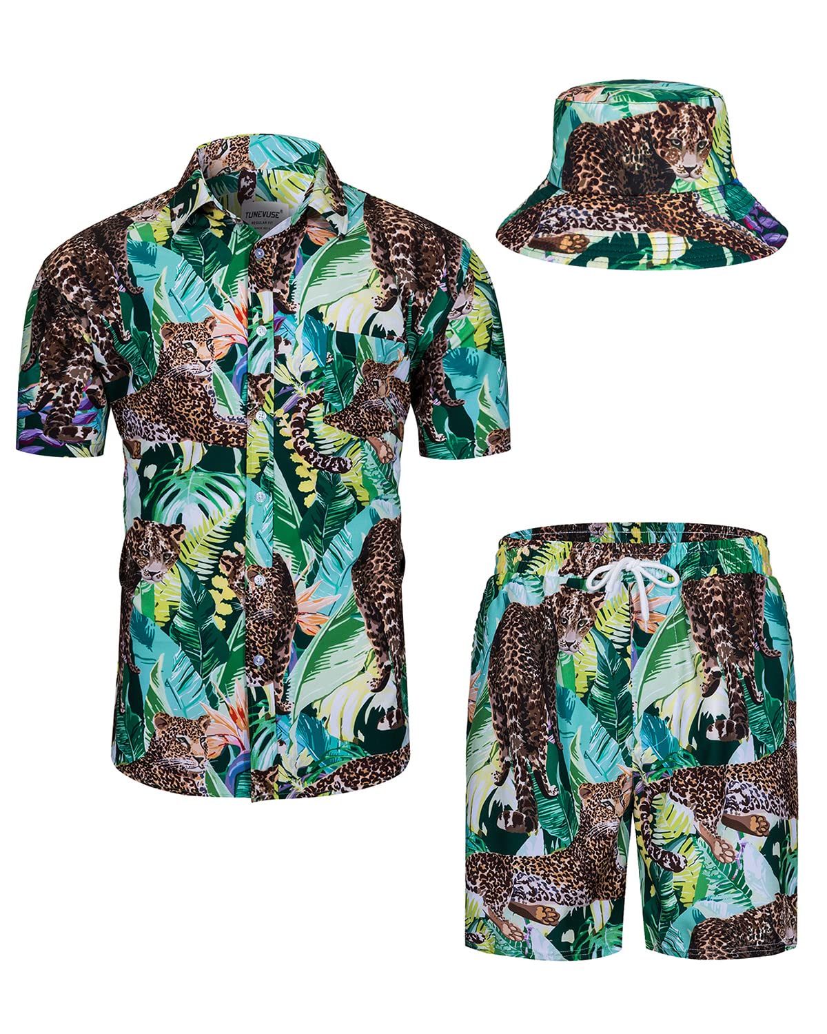 TUNEVUSE Men's Hawaiian Shirt and Shorts Set - 2 Piece Tropical Beach Outfit with Floral Print & Bucket Hat | Summer Vacation, Luau Party, Poolside Relaxation