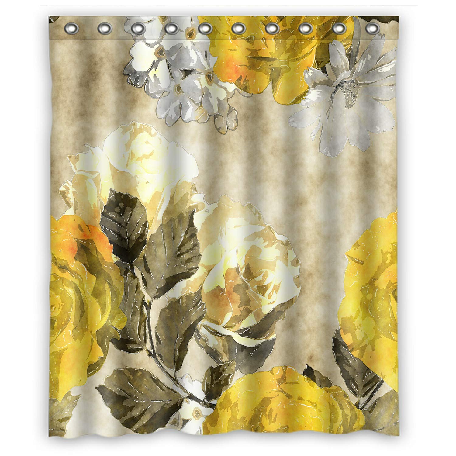 ECZJNT Floral Gold Yellow White Roses Phlox Asters Beige Waterproof Shower Curtain 60x72 Inch - Elegant Bathroom Decor for Vintage & Modern Homes