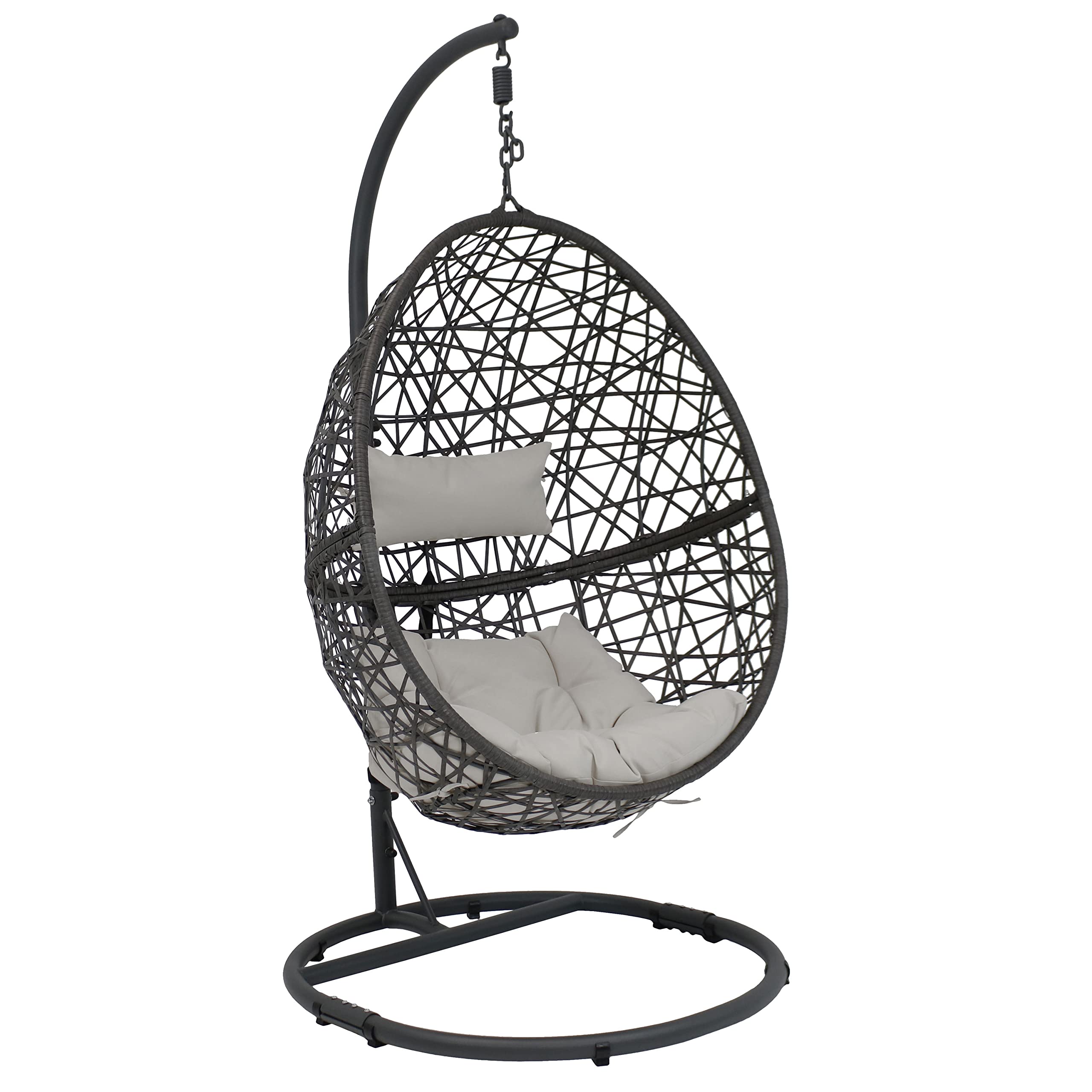 Sunnydaze Caroline Hanging Egg Chair Swing with Steel Stand - All-Weather Resin Wicker Porch Swing Chair - Large Basket Design Outdoor Lounging Chair with Gray Cushions - Perfect for Patio, Garden, Backyard Relaxation