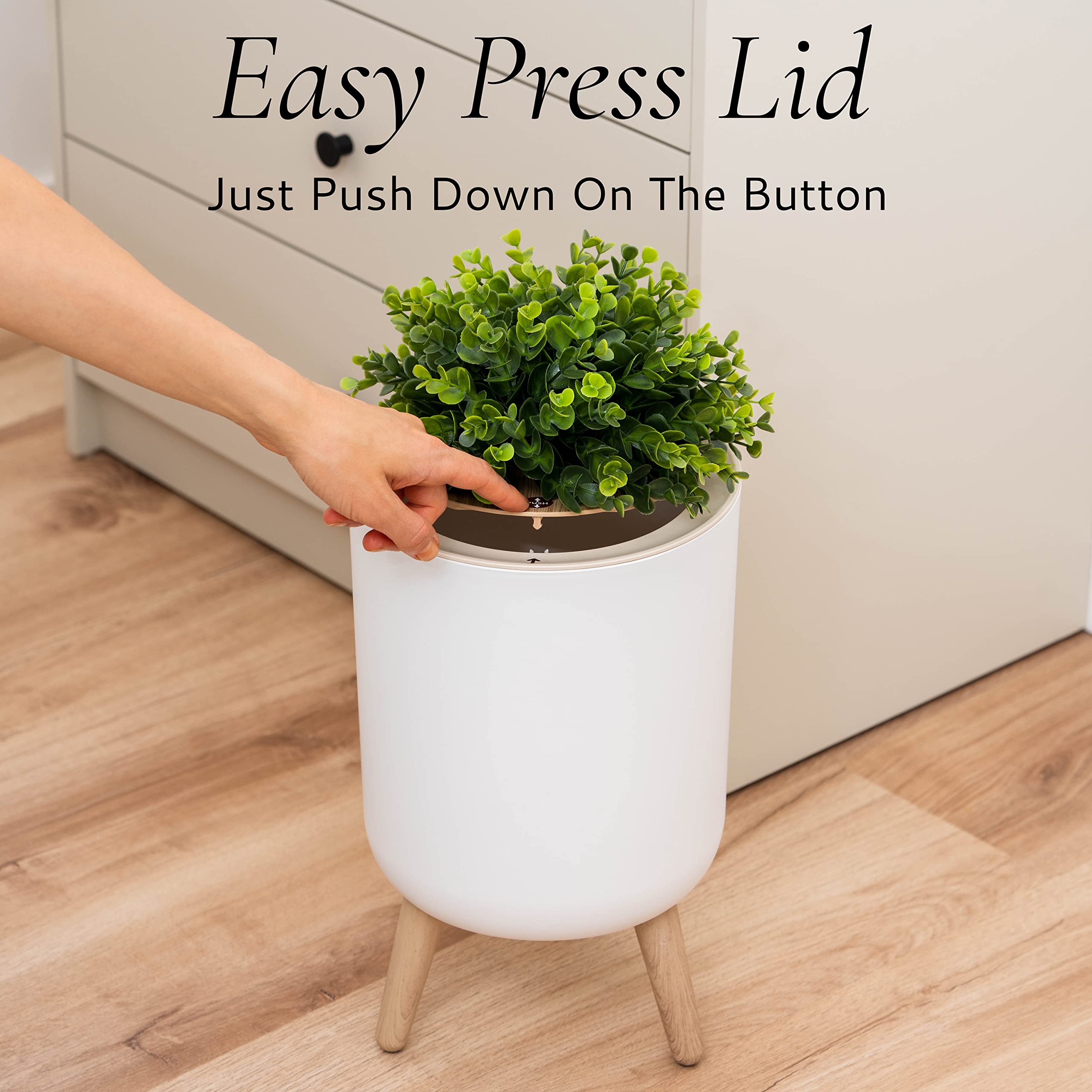 Earth & Mango 1.8 Gallon Small Bathroom Trash Can with Plant-Style Lid - White Decorative Waste Bin for Bathroom, Bedroom & Office - Eco-Friendly Plant-Look Garbage Can for Home, Dorm & Vanity Areas