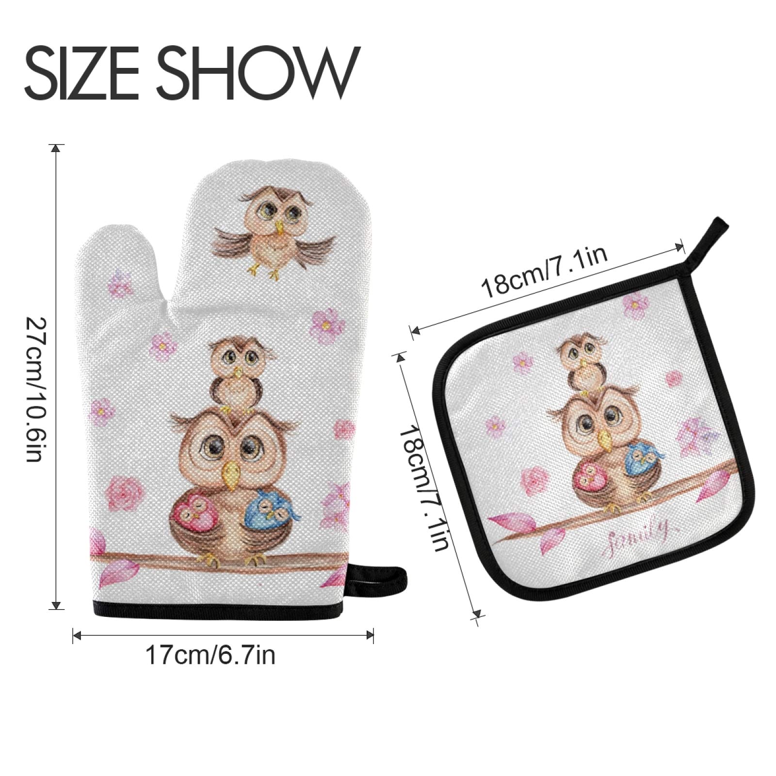 Exnundod Spring Owl Family Pot Holders & Oven Mitts Set - Floral Love Kitchen Mittens & Hot Pads for Cooking, Baking, BBQ, and Bakeware - Perfect for Home Kitchens and Outdoor Grilling