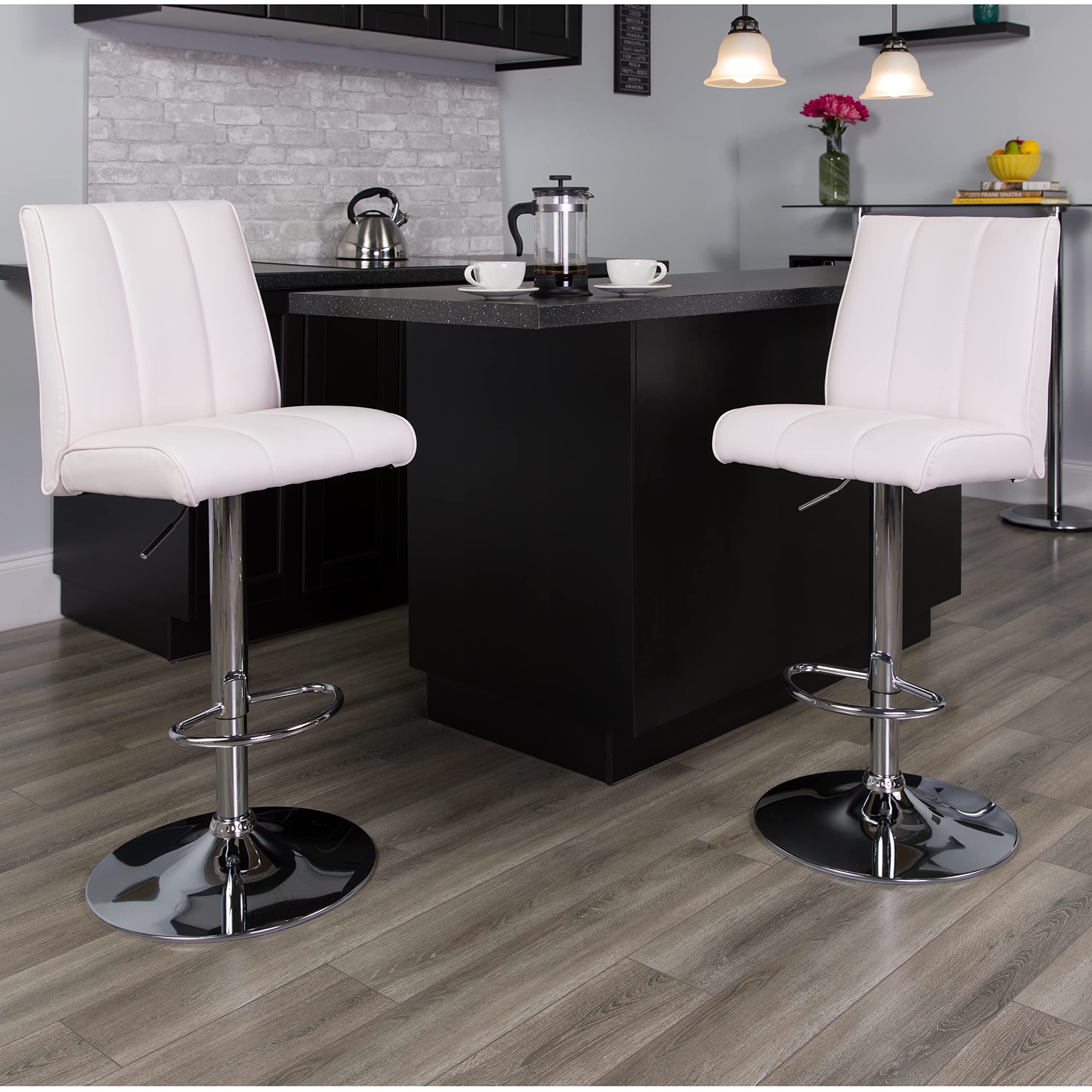 Adjustable Height White Vinyl Bar Stool with Vertical Stitch Panel Back - Perfect for Kitchen Islands, Breakfast Bars & Home Decor