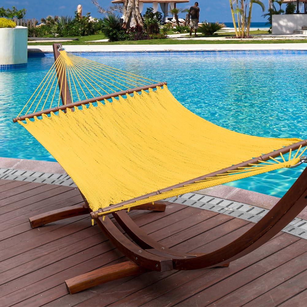 10.5 FT Double 2 Person Caribbean Rope Hammock - Hand Woven Polyester Outdoor Hammock with Spreader Bars - Extra Large Backyard, Poolside & Patio Hammock - 450 LBS Capacity - Yellow - Perfect for Relaxing in Garden, Beach or Camping