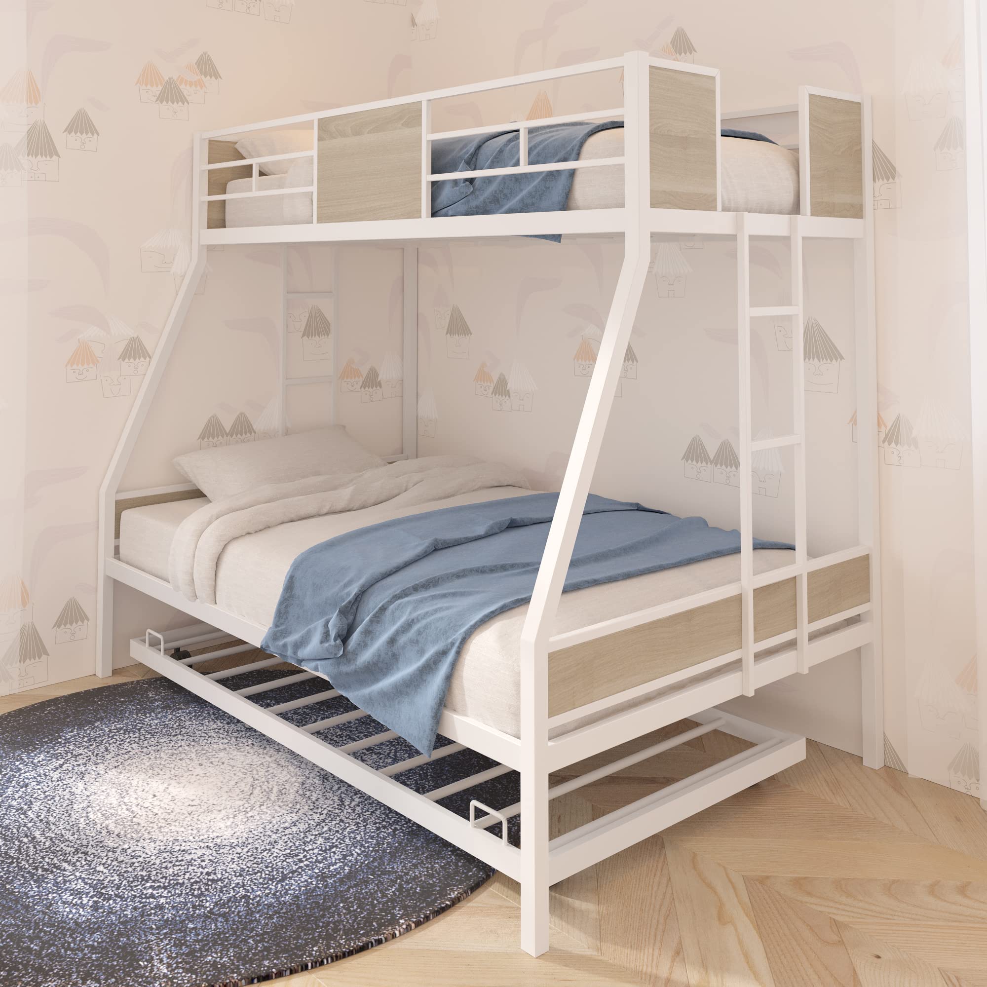 Merax Twin Over Full Bunk Bed with Trundle - Sturdy Steel Bunk Bed Frame with Safety Rail & Ladder - Space-Saving Solution for Kids Bedroom, Dorm Room, Boys & Girls (Light Brown) - Perfect for Small Spaces, Sleepovers & Multi-Child Rooms