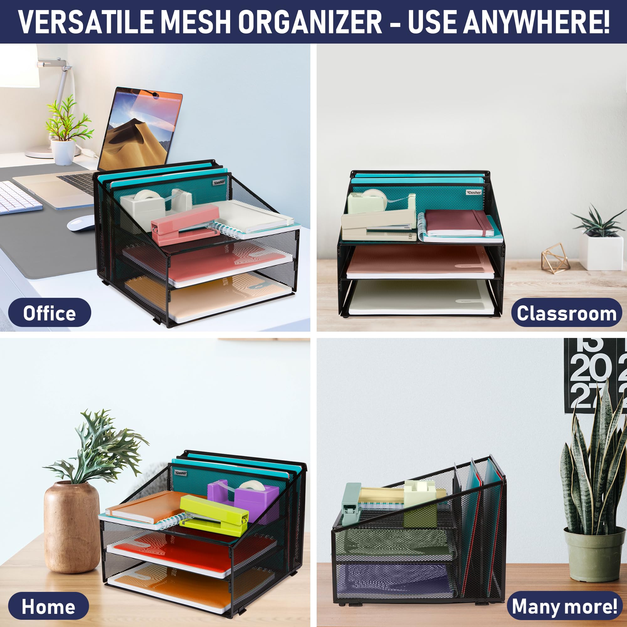 Dasher Products Metal Mesh Office Desk Organizer with 3 Paper Trays & 2 Vertical Sections - Black Desktop File Holder for Letter/A4 Size Documents, Folders & Stationery - Perfect for Home Office Organization & Workspace Accessories