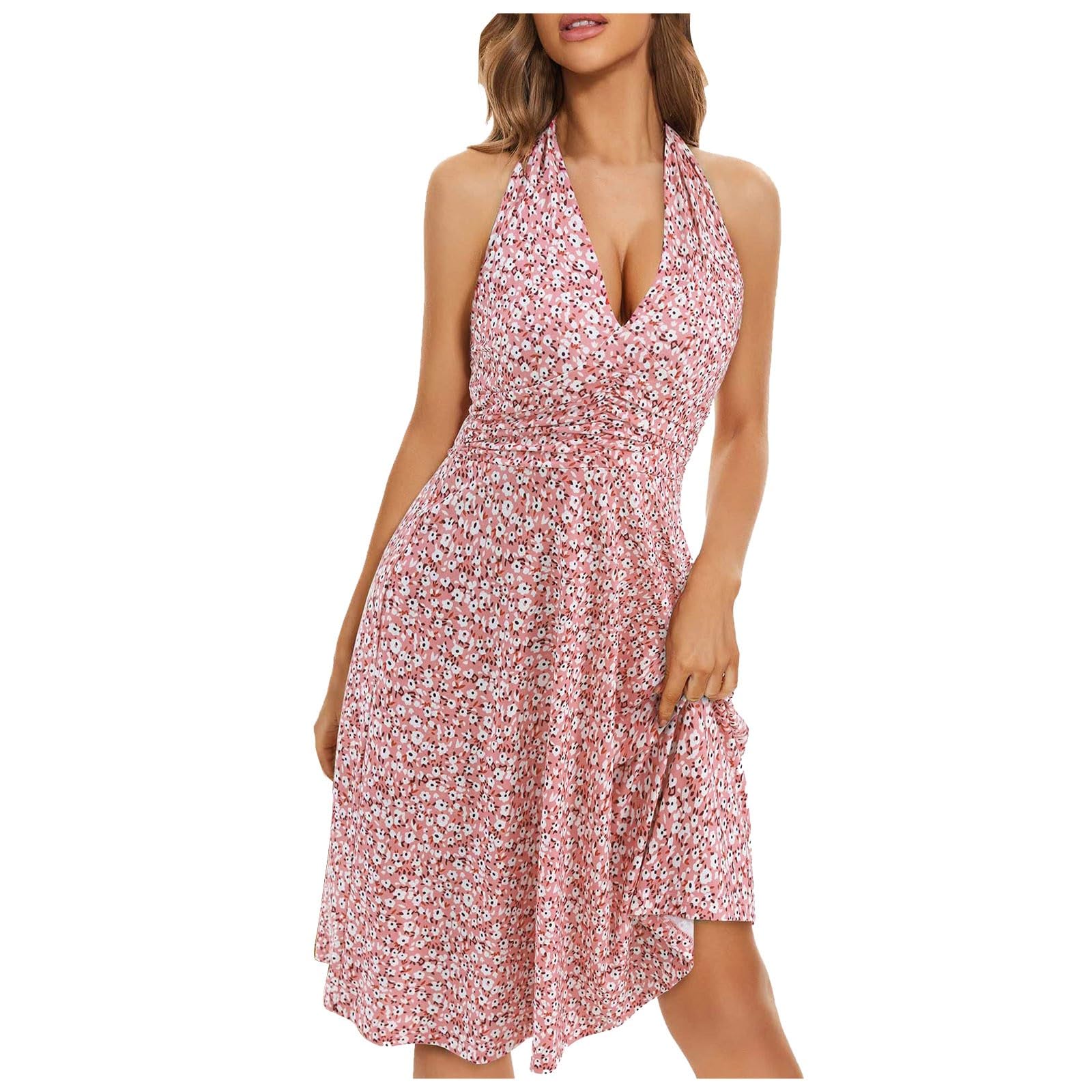 2024 Women's Summer Dresses - Floral Boho Sundress with Halter Neck & Sleeveless Design | Beach Vacation, Spring Outfits, Casual Wear & Party Dress