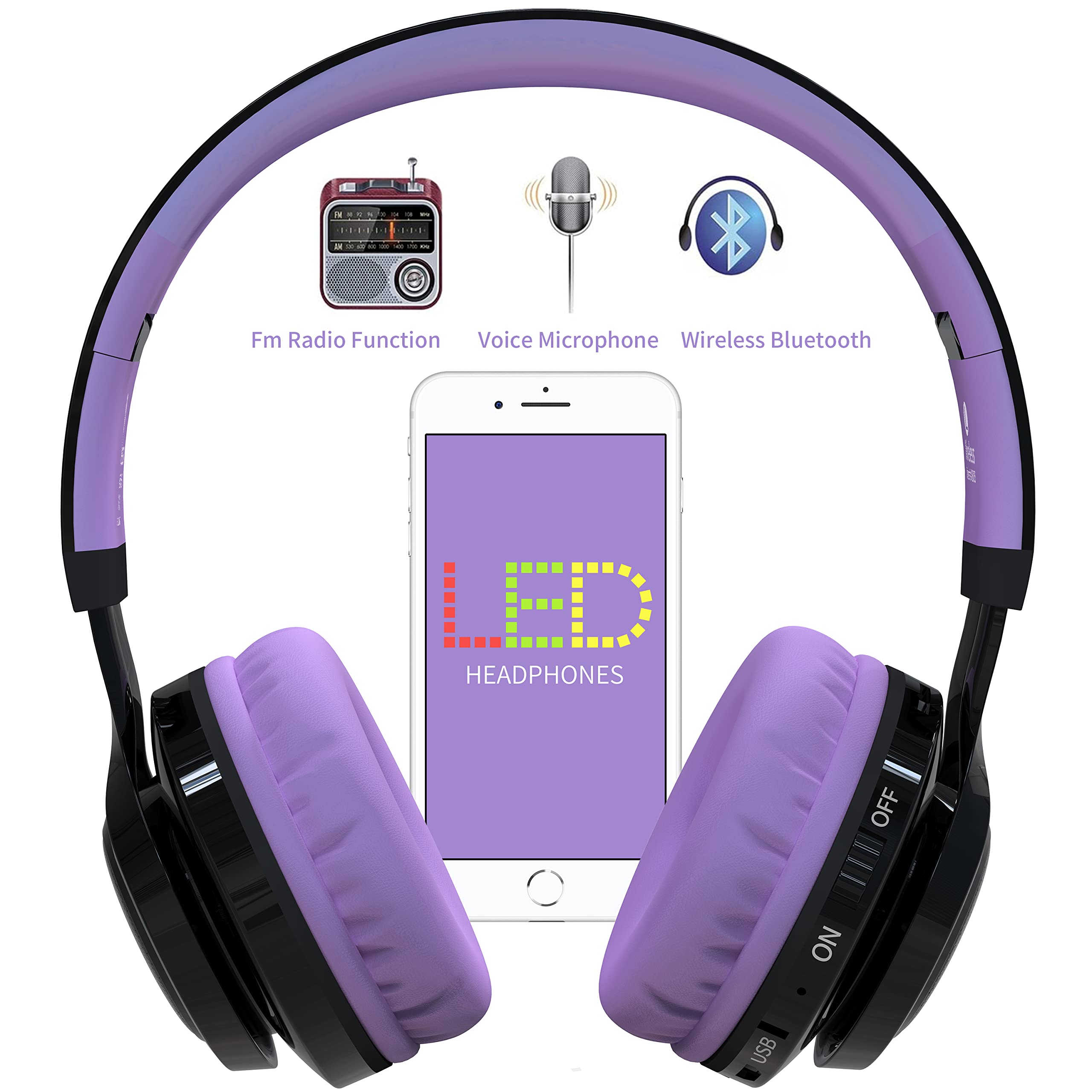 Riwbox AB005 Wireless Bluetooth Headphones for Kids with Microphone, LED Lights & FM Radio - Foldable Design, TF Card Slot - Compatible with Tablets, PC, TV (Black & Purple) - Perfect for School, Travel & Home Entertainment