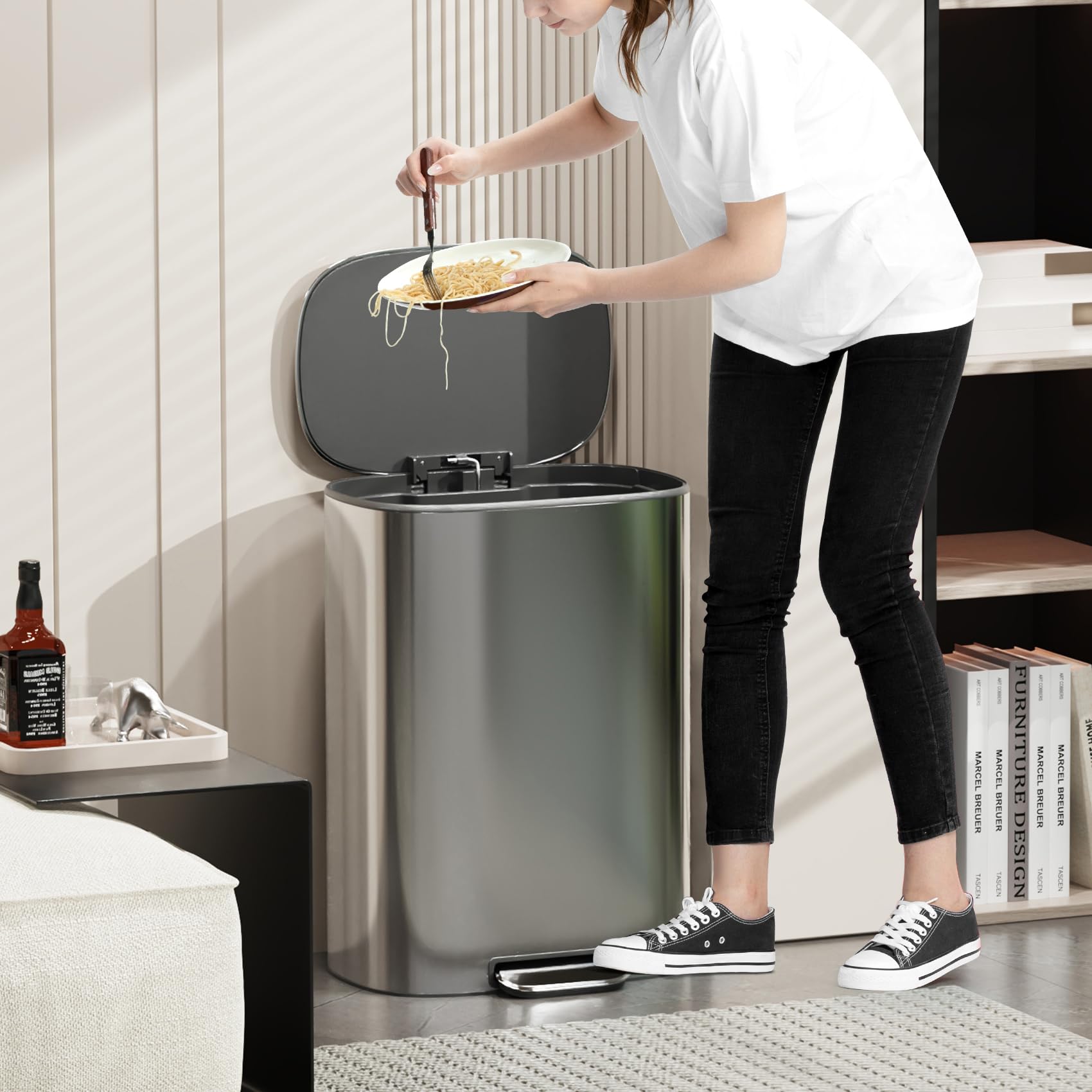13 Gallon Stainless Steel Foot Pedal Trash Can with Soft Close Quiet Lid, Heavy Duty Oval Garbage Bin with 30 Bags - Perfect for Kitchen, Office, Bathroom & Commercial Use (Silver)