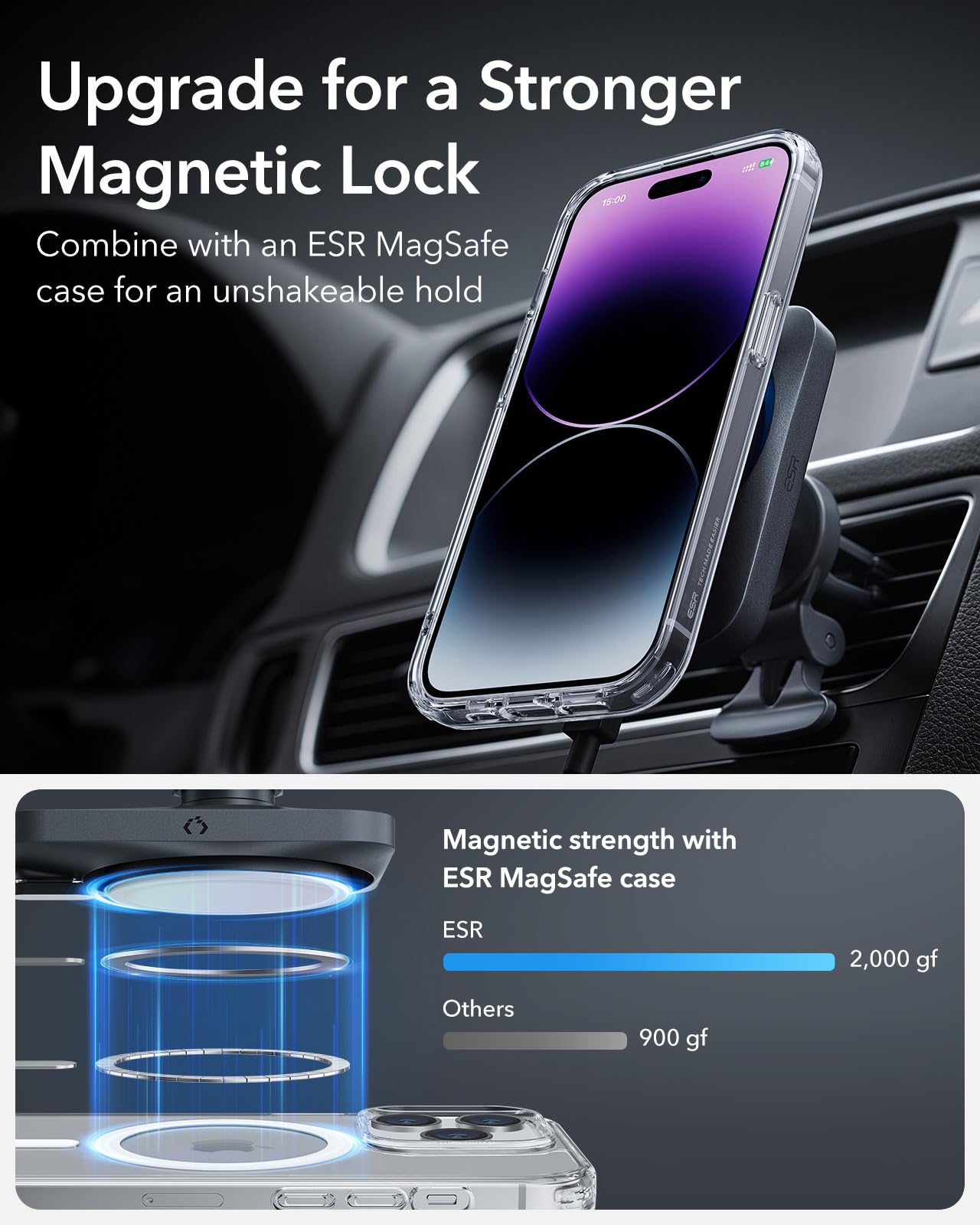 ESR 15W Apple-Certified MagSafe Car Mount Charger with CryoBoost Cooling & 40W Dual USB-C Ports - Fast Wireless Charger for iPhone 16/15/14/13/12 Pro Max/Plus/Mini - Perfect for Road Trips & Daily Commute