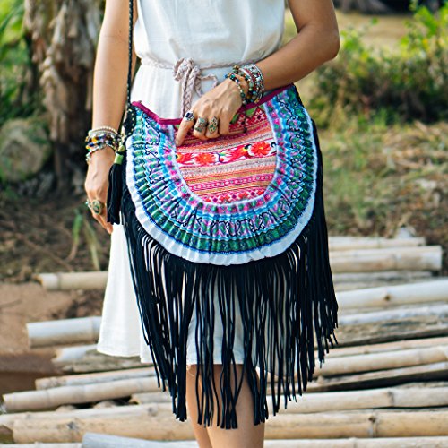 Vintage Hmong Hill Tribe Embroidered Boho Crossbody Bag for Women - Handmade Leather Tassel Hippie Sling Purse | Perfect for Music Festivals, Travel & Boho Fashion Accessories