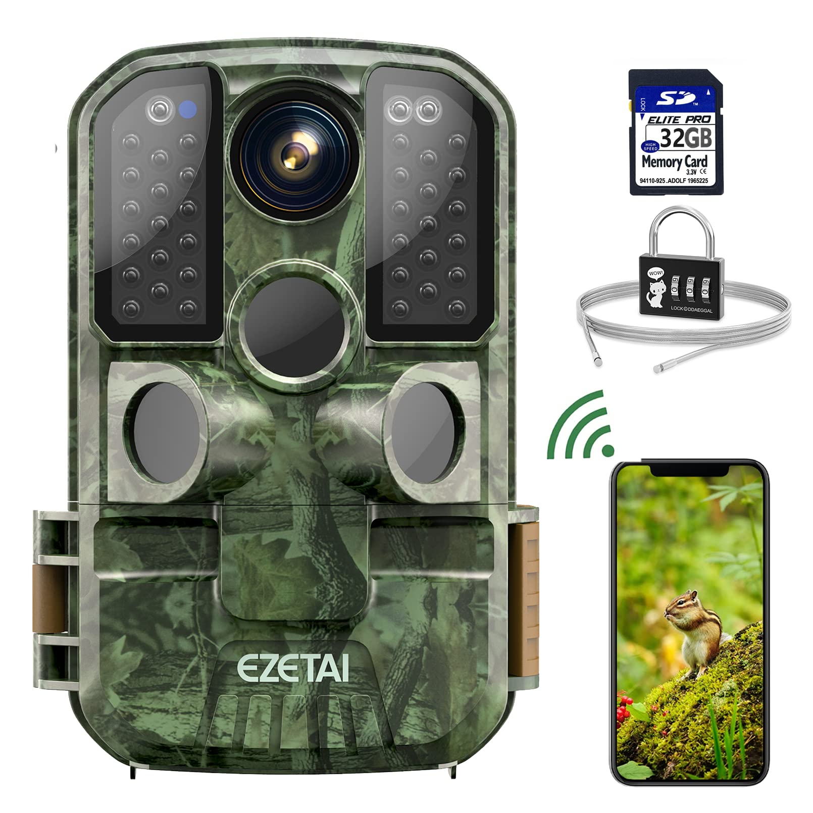 EZETAI 1296P 24MP WiFi Trail Camera with Night Vision - Wireless Hunting Game Camera for Wildlife Monitoring, Sends Photos to Phone, Includes Cable Lock & 32GB SD Card - Perfect for Outdoor Hunting, Scouting, and Security Surveillance