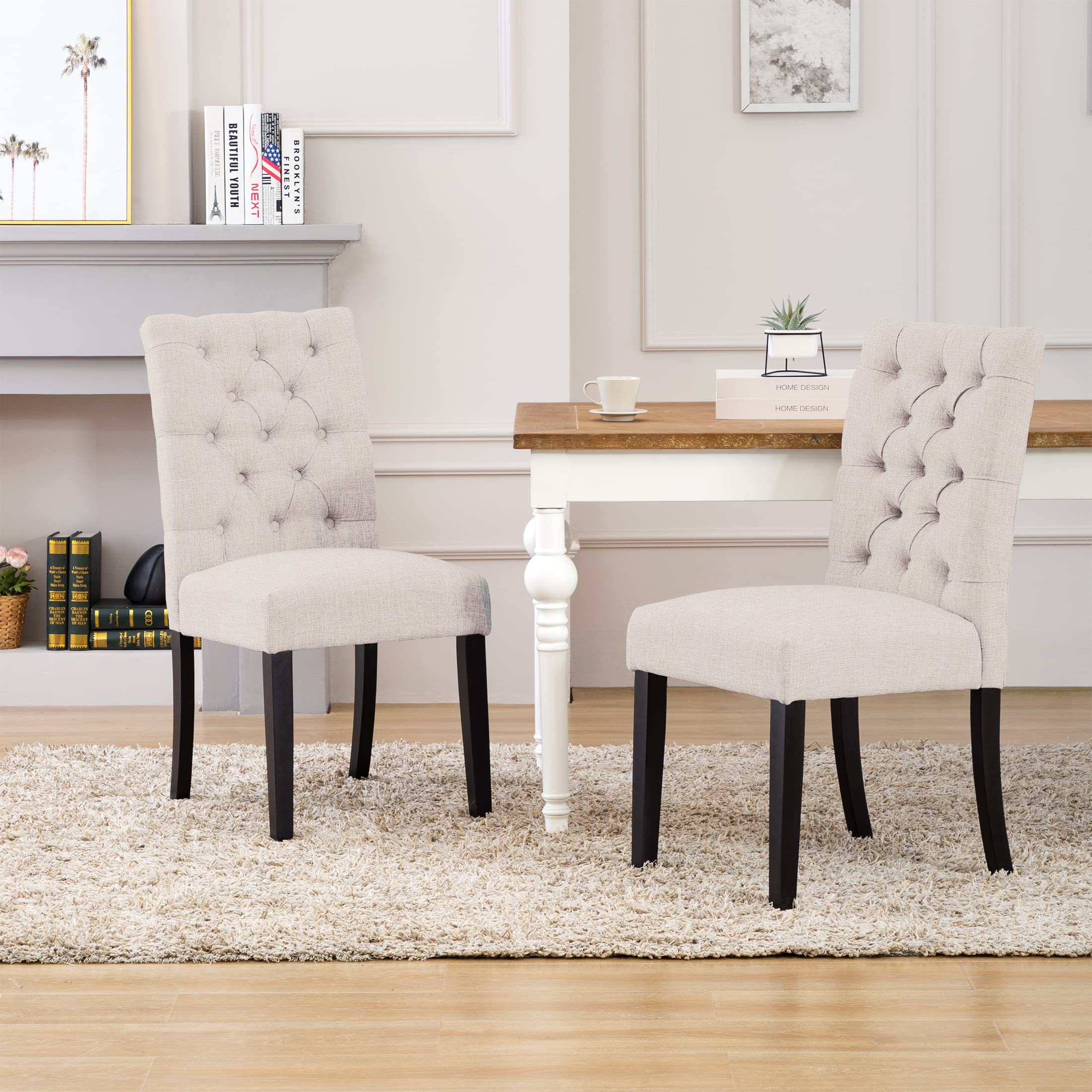 WestinTrends Hayes Tufted Dining Chairs - Linen Upholstered Kitchen & Dining Room Chairs with Solid Wood Legs, Beige - Perfect for Farmhouse, Modern & Traditional Home Decor