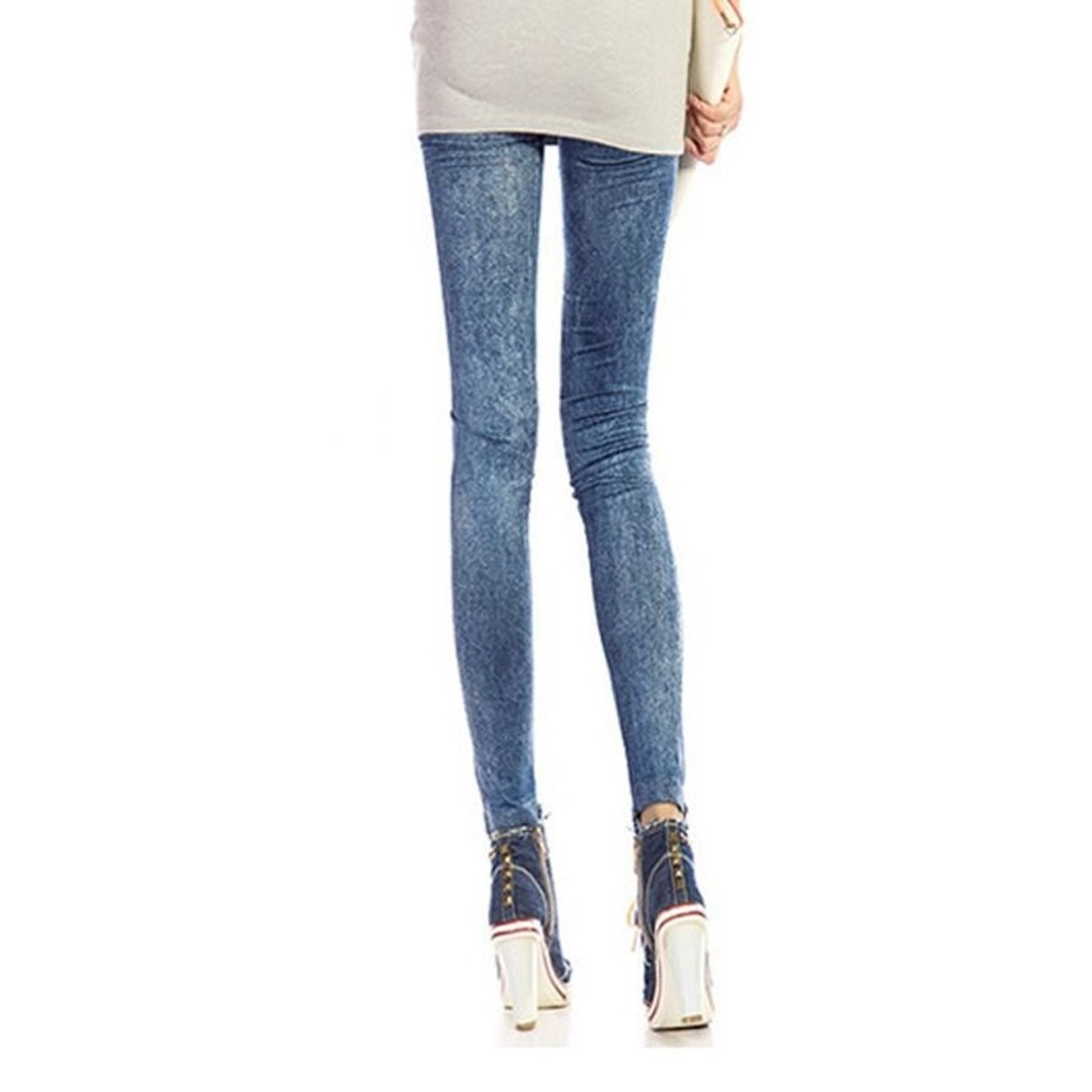 Wrapables Women's Faux Denim Print Leggings - Stretch Comfortable Jeggings for Casual Wear, Yoga & Everyday Outfits