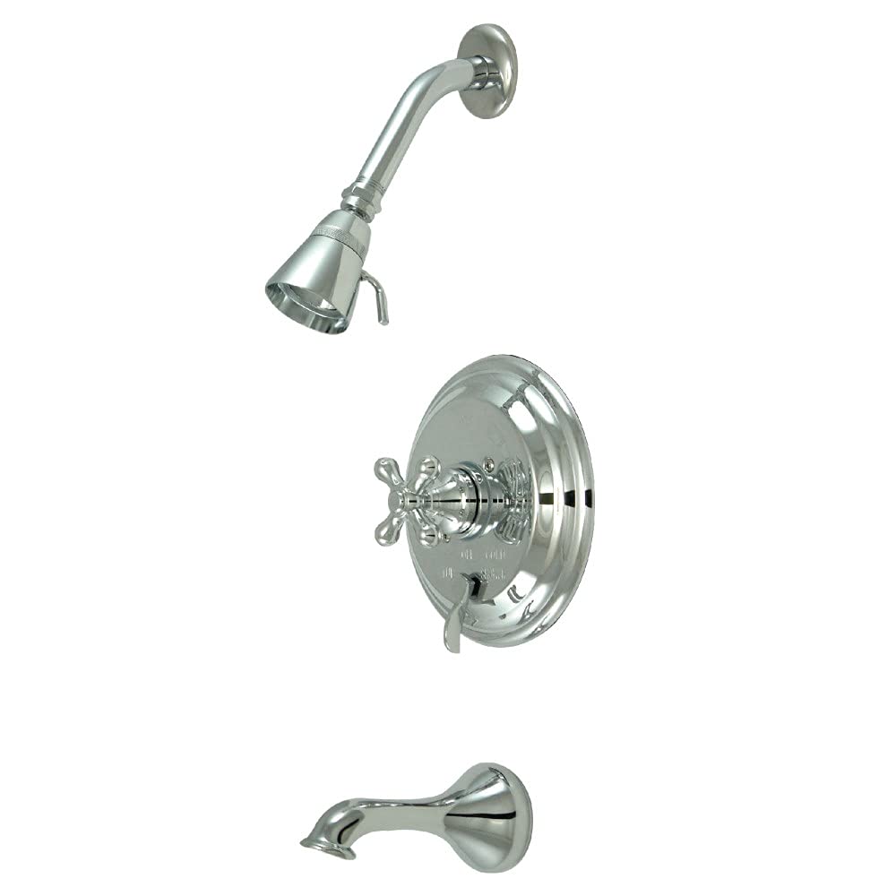 Kingston Brass KB36310AX Polished Chrome Restoration Tub and Shower Faucet with Metal Cross Handle - Vintage Style Bathroom Fixture for Classic Home Renovation
