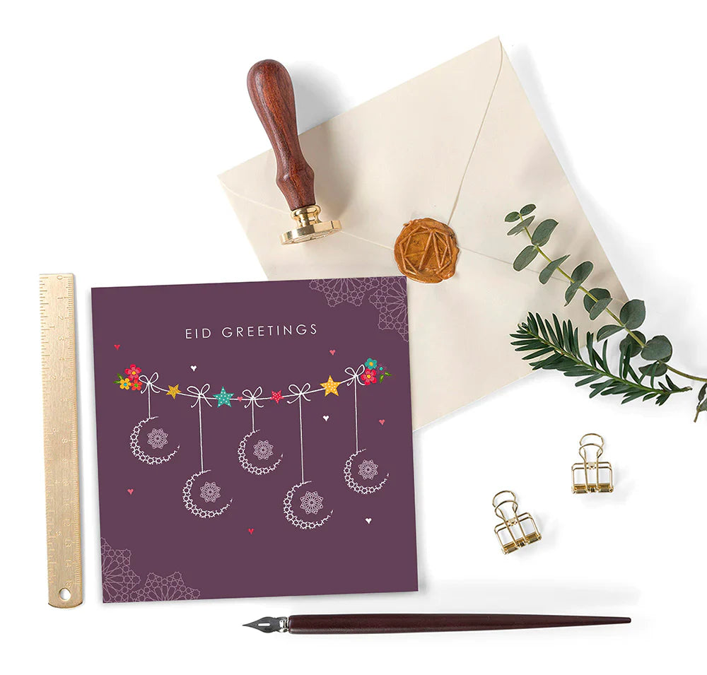 Eid Greeting Card with Mauve Crescents - HE 07 | Elegant Islamic Festival Card for Eid al-Fitr & Eid al-Adha | Perfect for Family, Friends & Colleagues