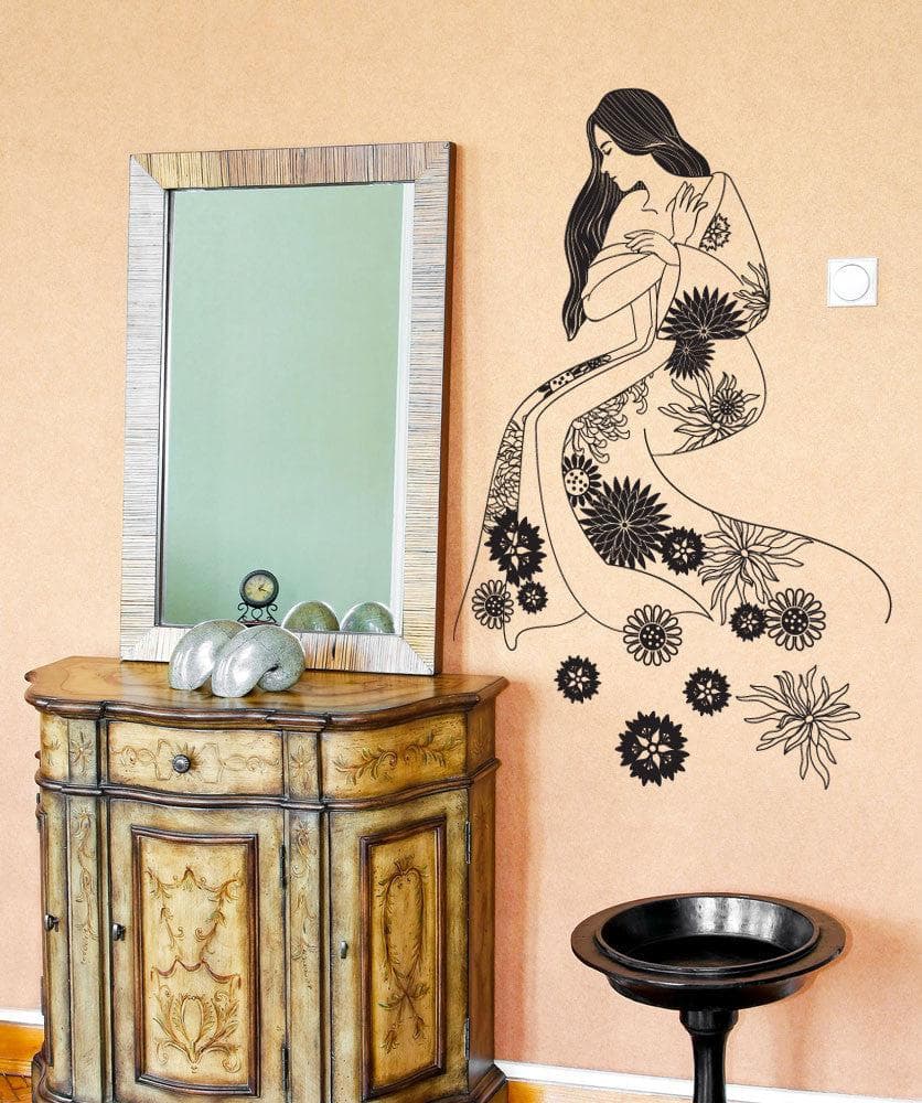 Vinyl Wall Decal Sticker - Elegant Girl in Floral Robe Art #OS_DC676 - Perfect for Nursery, Bedroom & Home Decor