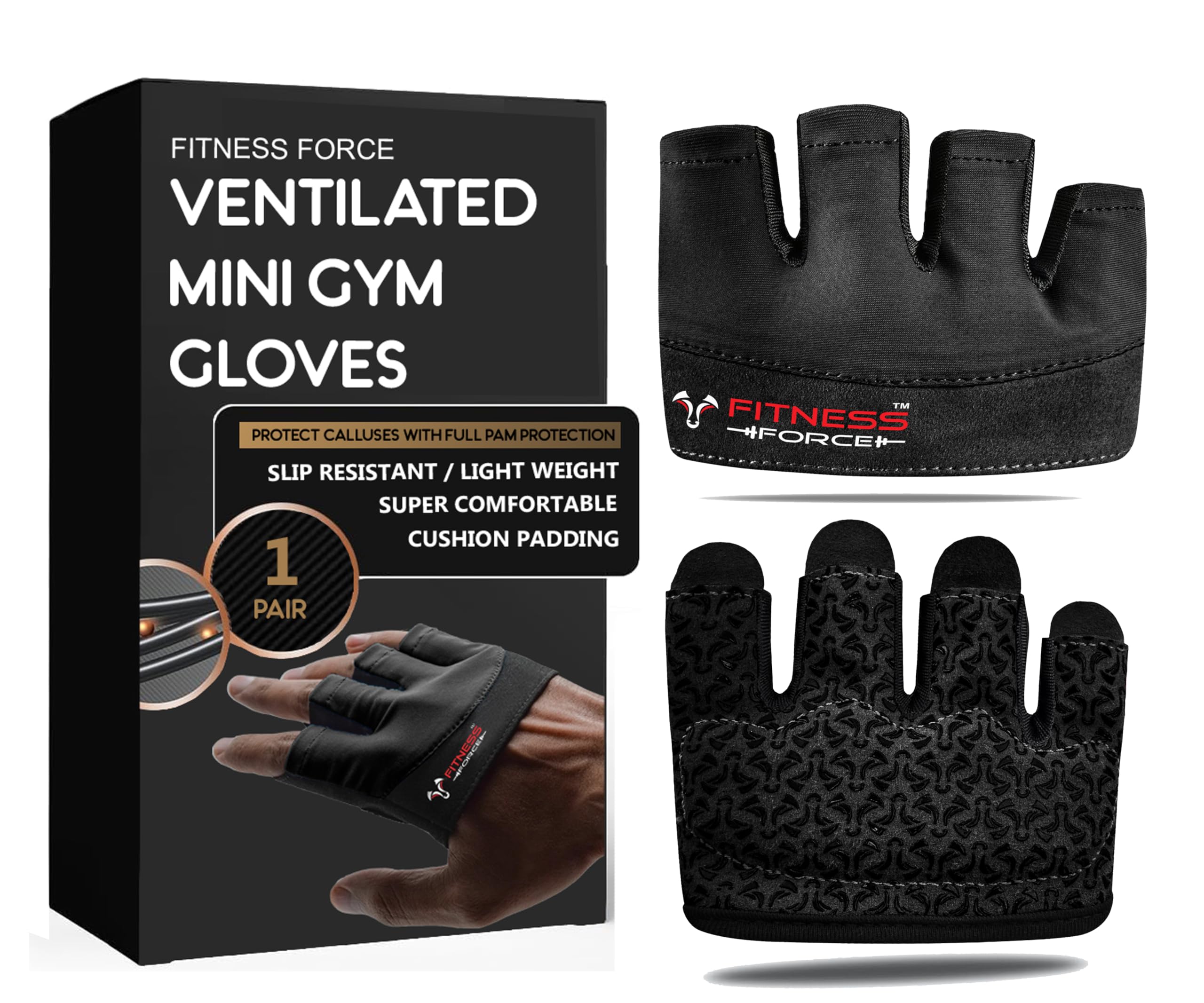 FITNESS FORCE Workout Gloves for Men & Women - Non-Slip Weight Lifting Gloves with Full Palm Protection - Fingerless Gym Gloves for Callus Prevention & Better Grip - Perfect for CrossFit, Powerlifting & Strength Training
