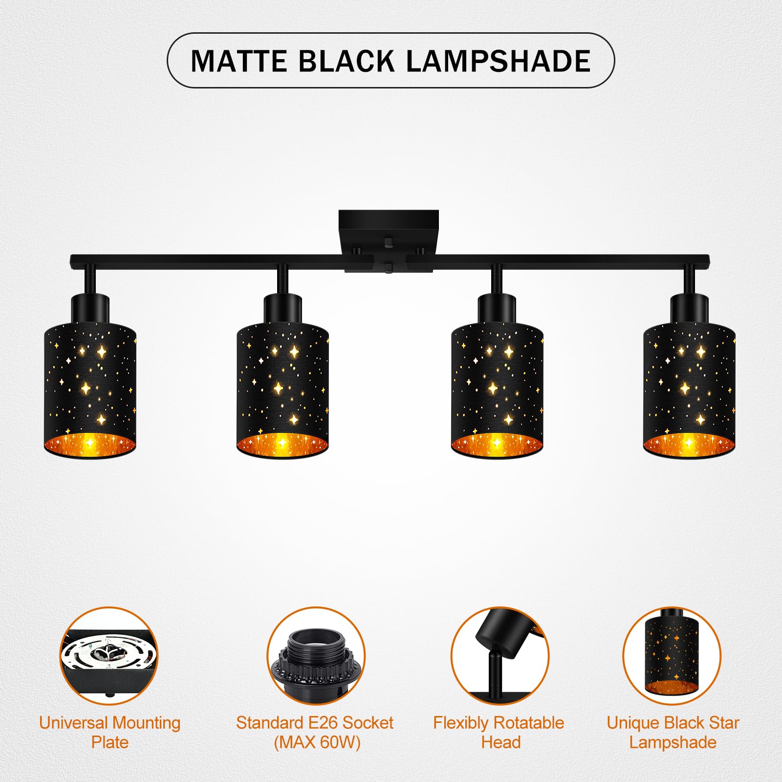 4-Way Black Track Lighting Kit - Modern Flexible Ceiling Spotlight with Industrial LED Wall Light for Kitchen, Cabinet, Gallery, Bar & Hallway | E26 Socket | Contemporary Black Stars Design | Perfect for Home Decor & Commercial Spaces