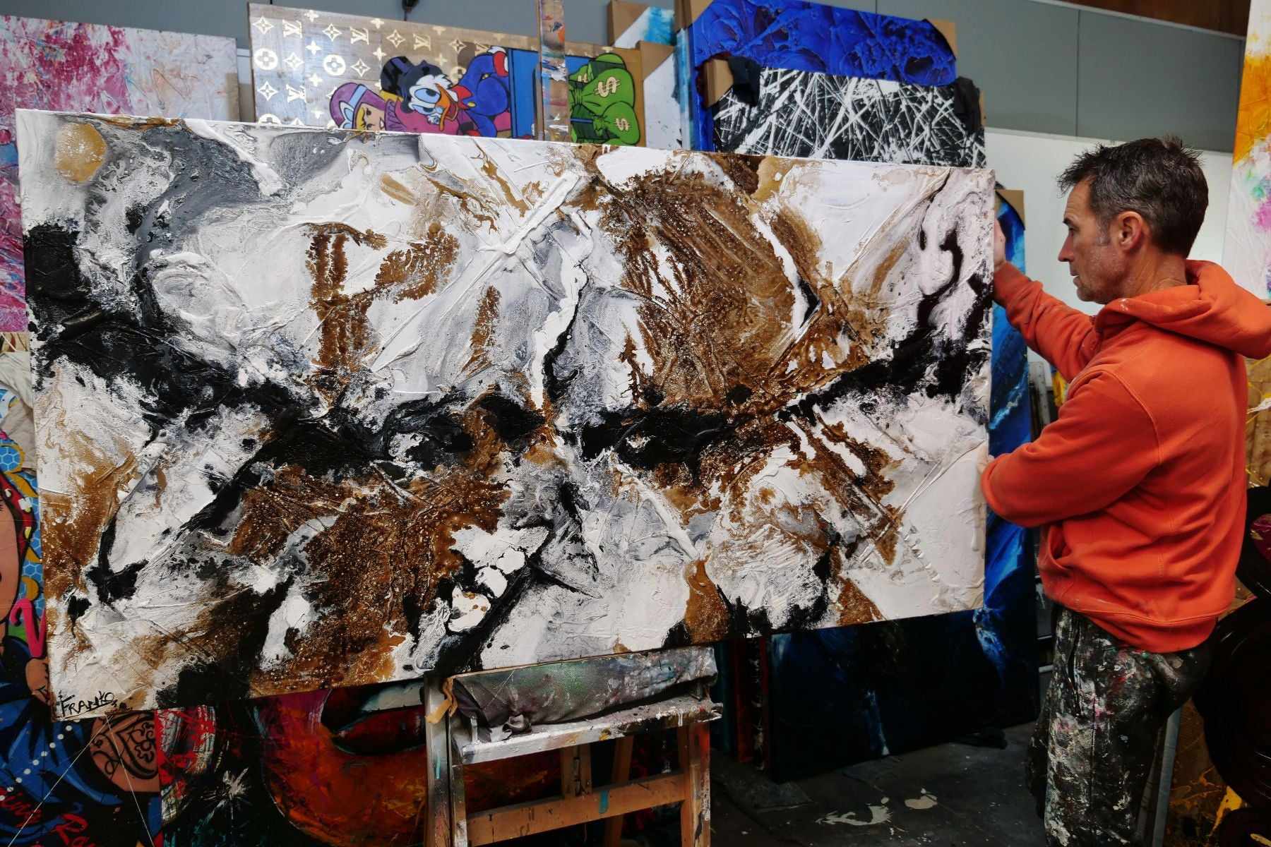 Rusted Black Ice Abstract Painting - 190cm x 100cm White & Black Textured Wall Art for Modern Home Decor | Living Room, Bedroom, Office Wall Decor