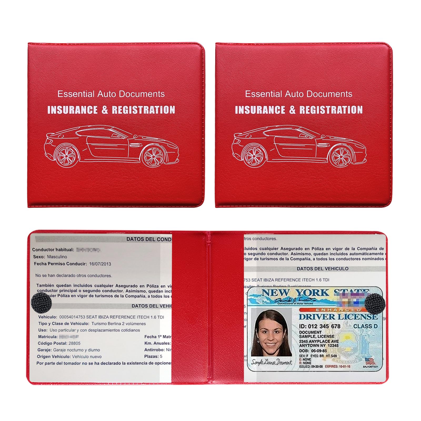 2 PCS Car Registration and Insurance Document Holders - Universal Glove Box Organizer with Secure Closure for ID Cards, Driver License & Vehicle Papers - Perfect for Car Interior Organization (Red, Large Size) - Ideal for Road Trips, Daily Commute & Vehicle Maintenance