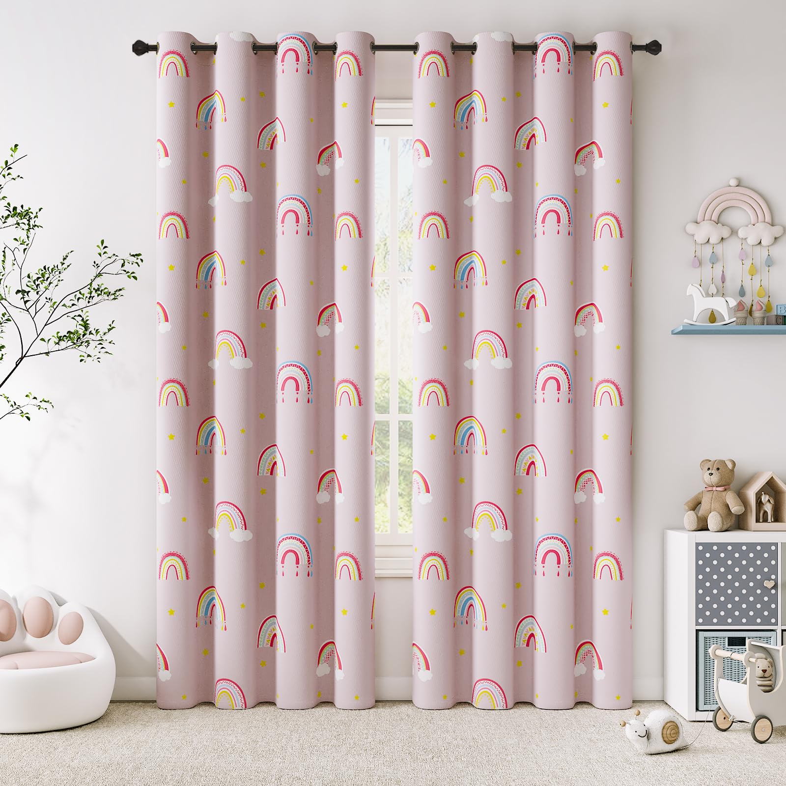 Vangao Boho Blackout Curtains for Girls - 84 Inch Thermal Insulated Room Darkening Window Drapes with Grommet (2 Panels, Pink Rainbow) | Perfect for Kids Bedroom, Nursery & Living Room Decor