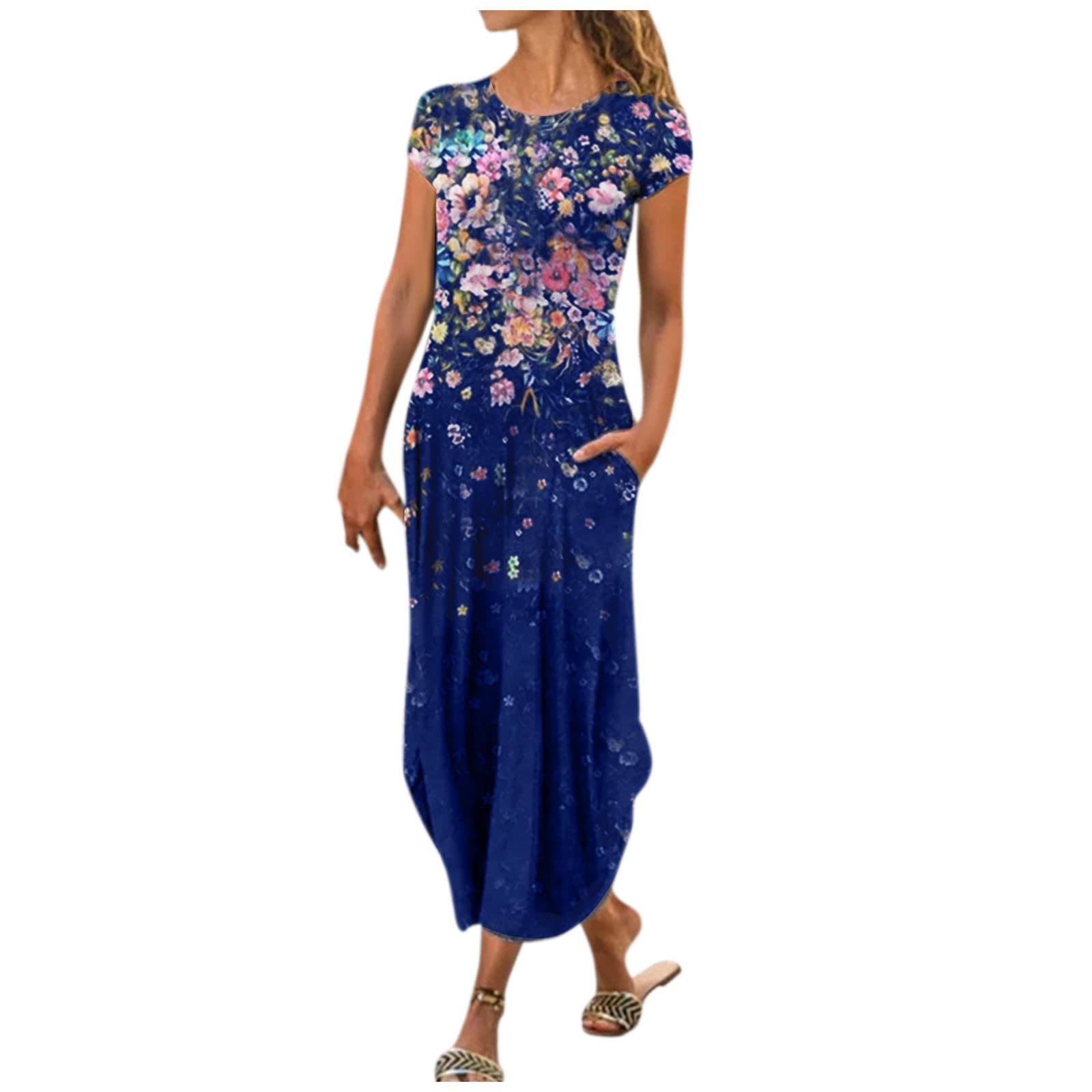 HAOREEKZ Women's Long Loose Asymmetrical Hem T-Shirt Dress with Round Neck & Pocket - Casual Short Sleeve Summer Dress for Beach, Vacation, and Everyday Wear