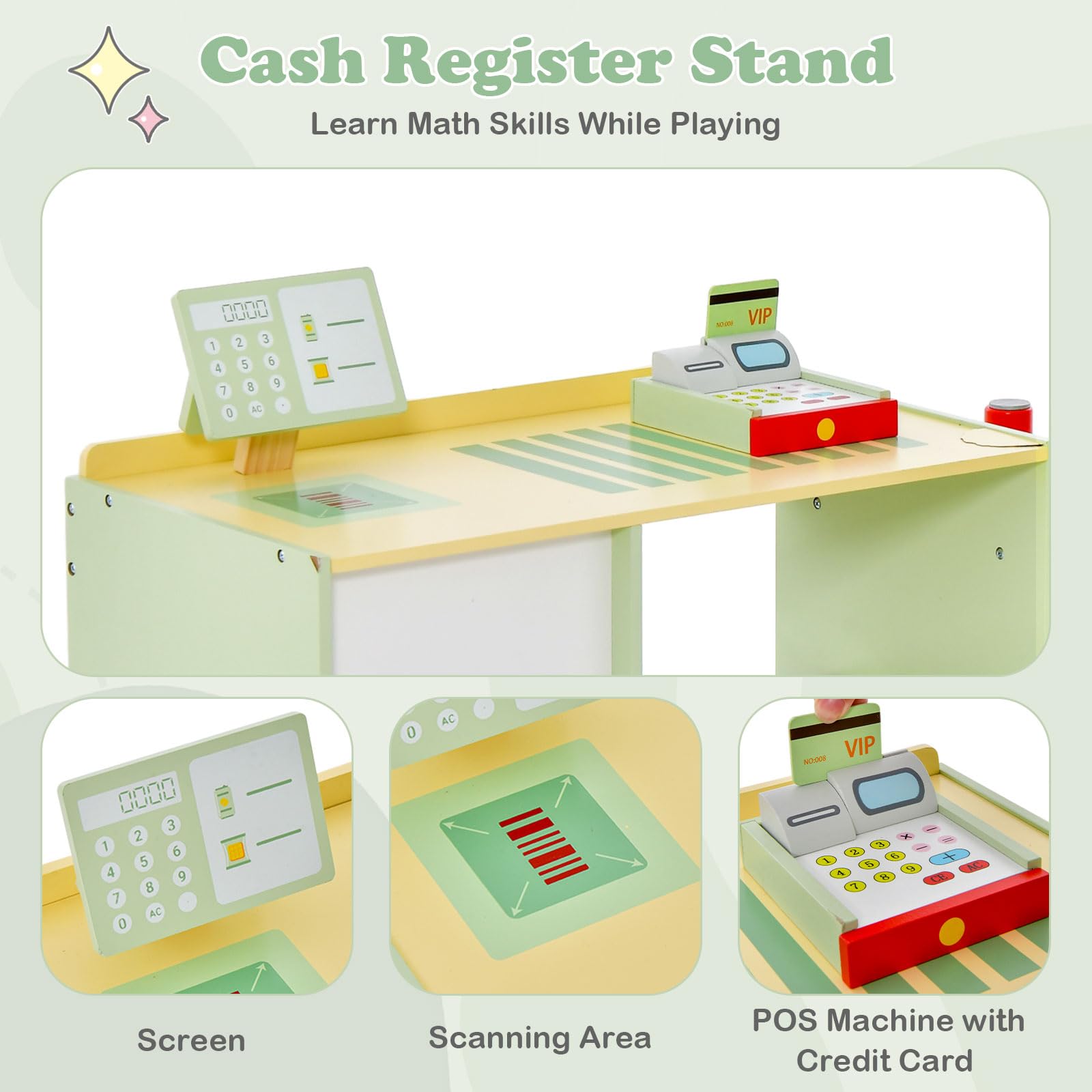 HONEY JOY Wooden Supermarket Playset for Kids - Pretend Play Grocery Store Toy with Cash Register, Vending Machine, Blackboard & Checkout Counter - Educational Role Play Toy for Toddler Boys & Girls (Green) | Perfect for Home, Classroom & Daycare Pretend Play Activities