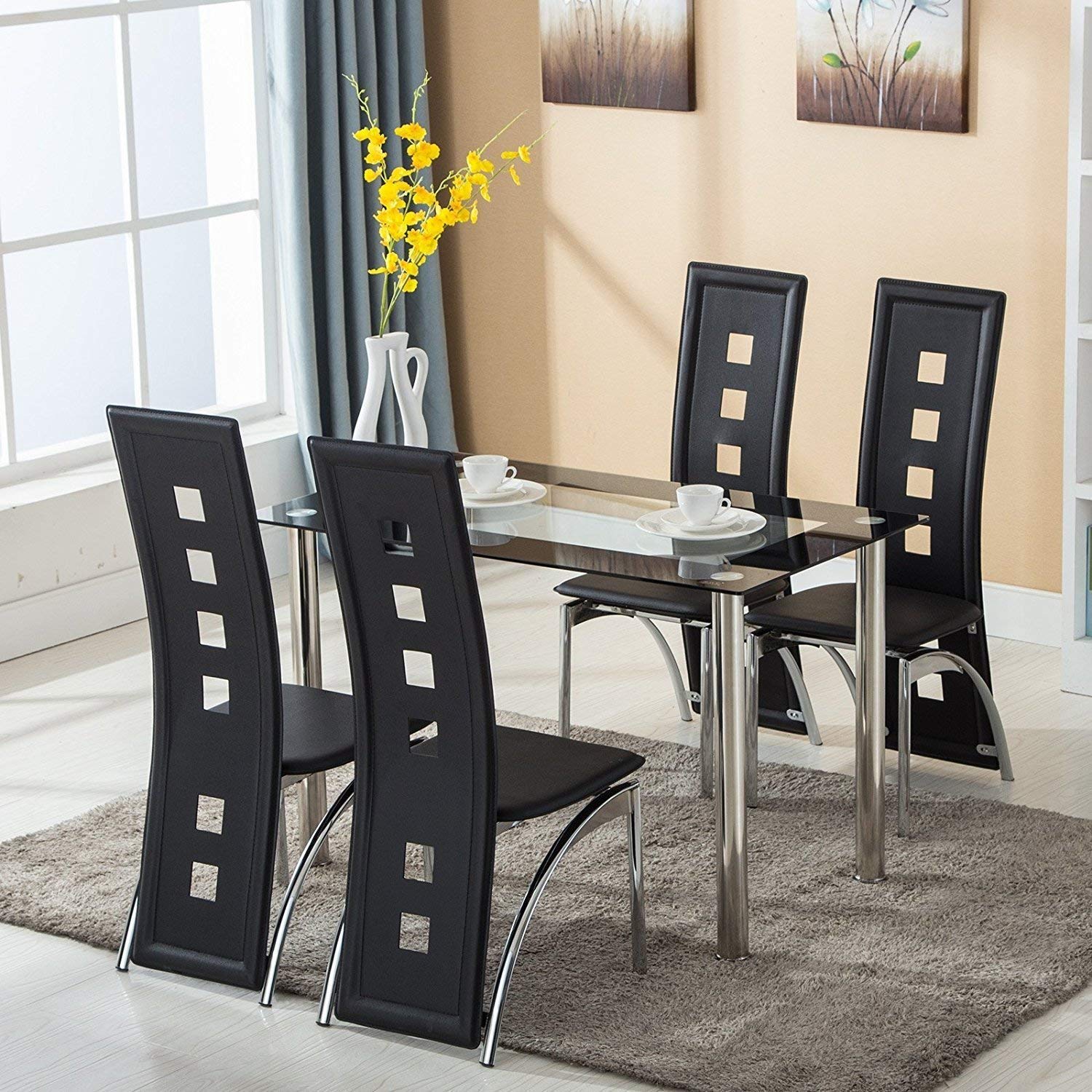 5-Piece Glass Dining Table Set with Leather Chairs - Modern Kitchen Furniture for Small Spaces (Black) | Perfect for Breakfast Nook, Apartment Dining, and Contemporary Home Decor