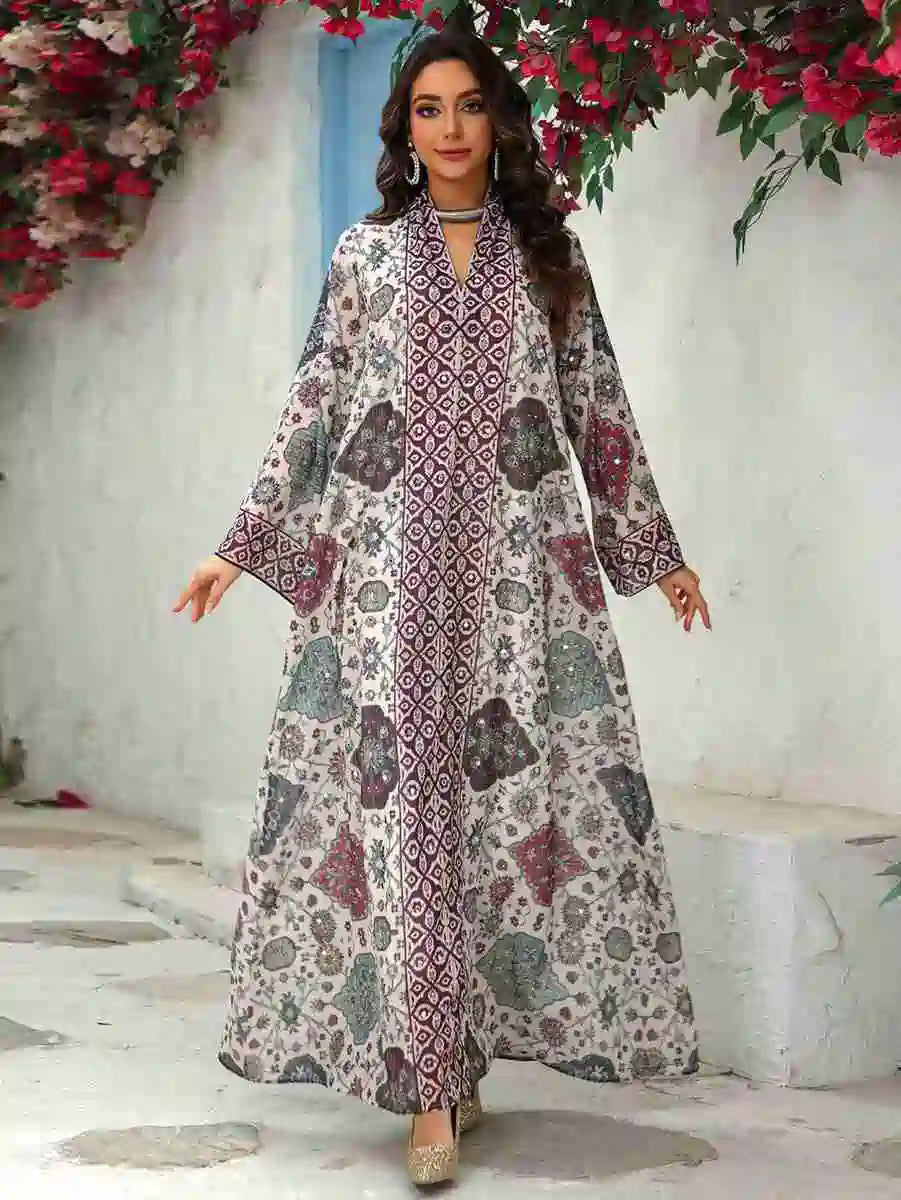 Elegant Chiffon Printed Eid Dress Caftan Kaftan for Women - Flowy Long Sleeve Maxi Dress with V-Neck - Perfect for Eid Celebrations, Weddings & Special Occasions