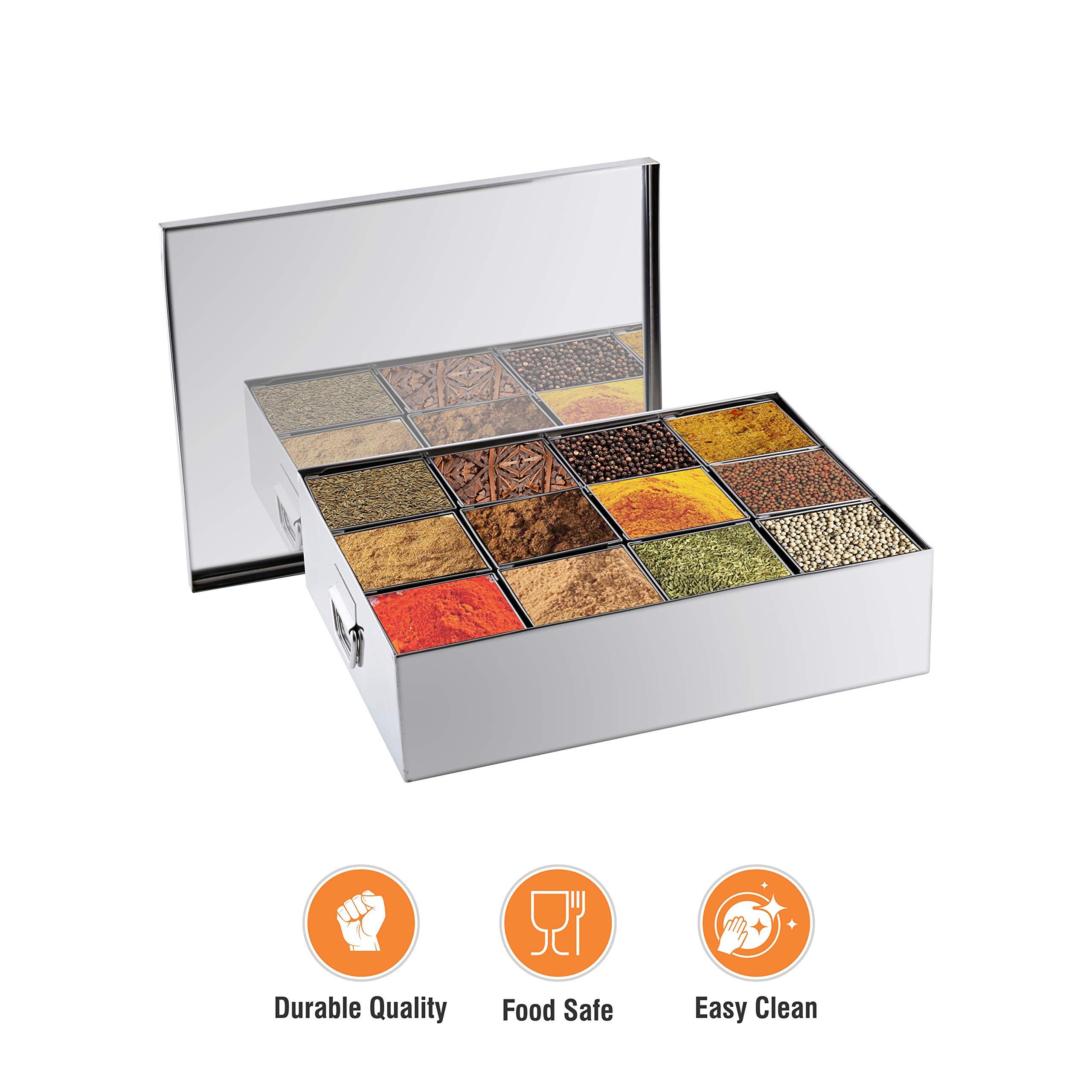 Premium Stainless Steel Masala Dabba Spice Box - 12 Containers, 96 oz Capacity (25x19x6.5 Inches) - Indian Spice Storage Organizer for Kitchen Countertop, Cooking & Meal Prep