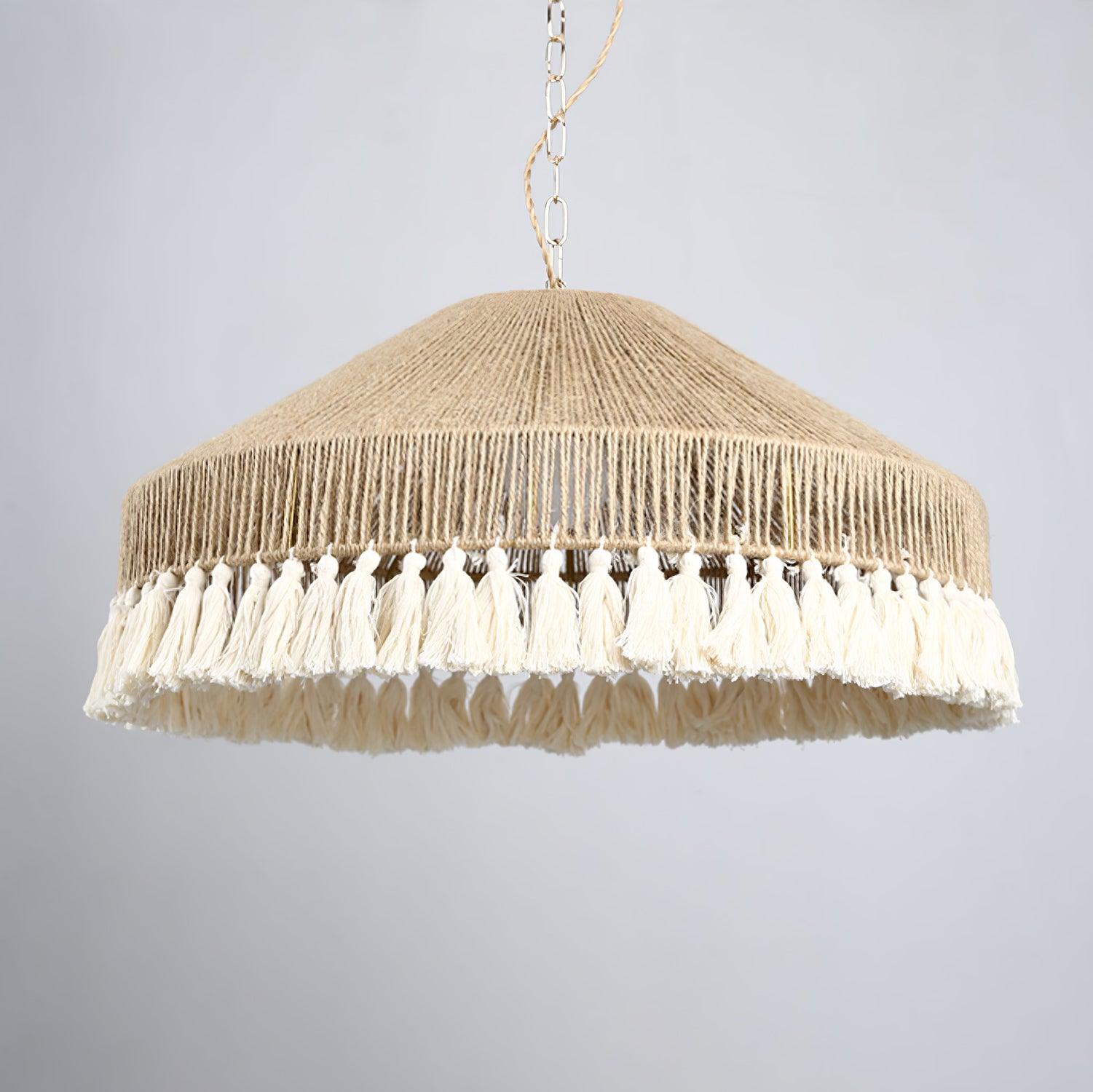 Bohemian Fringe Pendant Lamp - Handmade Rattan Chandelier for Living Room, Bedroom & Dining Room - Boho Ceiling Light Fixture for Home Decor & Cozy Ambiance