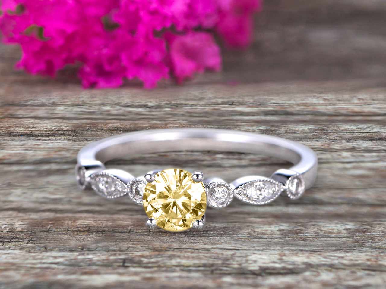 1.25 Carat Art Deco Style Round Champagne Diamond Moissanite Ring in 10k White Gold - Vintage Engagement Ring for Women, Wedding Band, Anniversary Gift, Special Occasion Jewelry