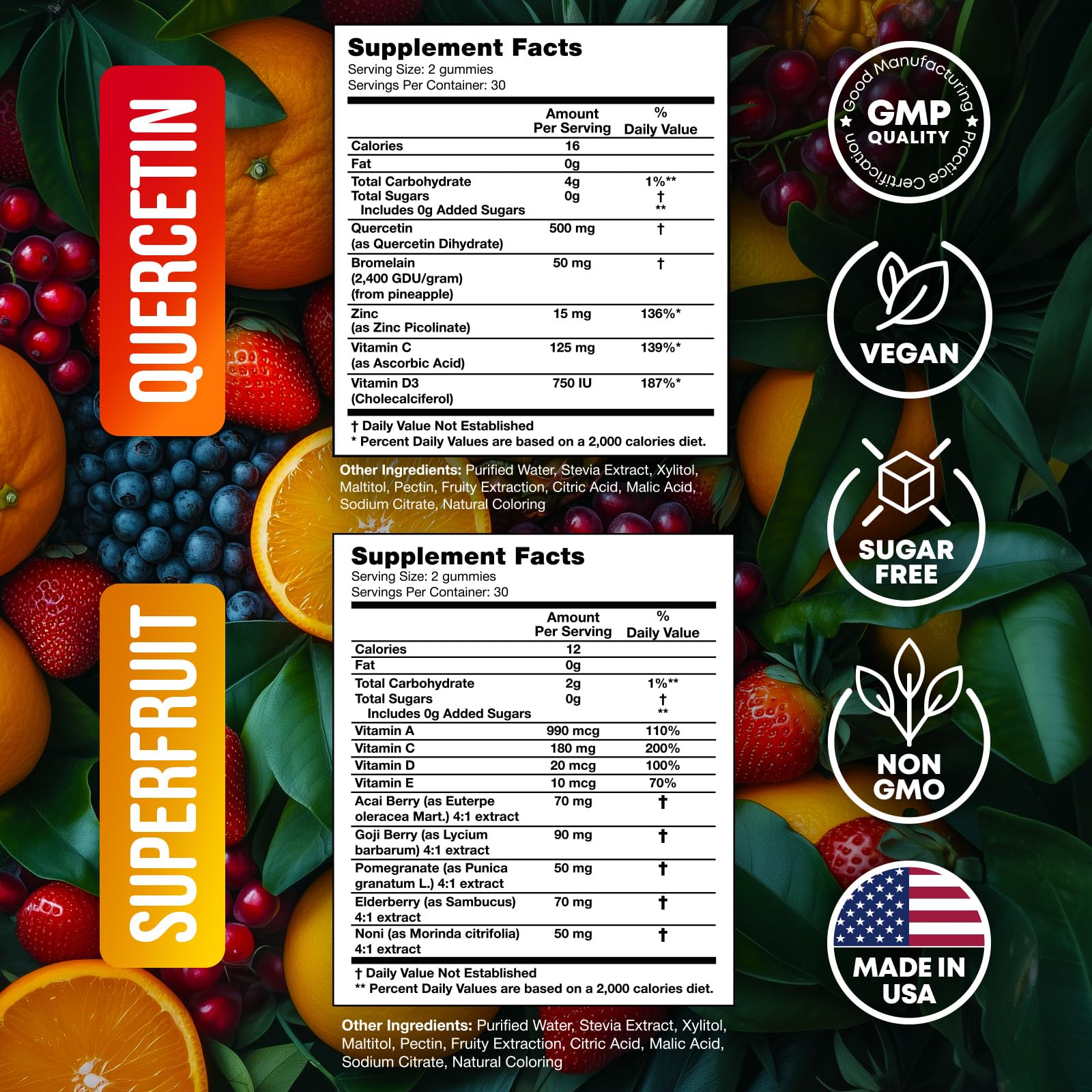 Quercetin Gummies with Superfruit - Immune Support Supplement with Vitamin C & Zinc - 120 Fruit Flavored Multivitamin Gummies (60 Quercetin + 60 Superfruit) - Daily Wellness & Immune Booster for Adults & Kids