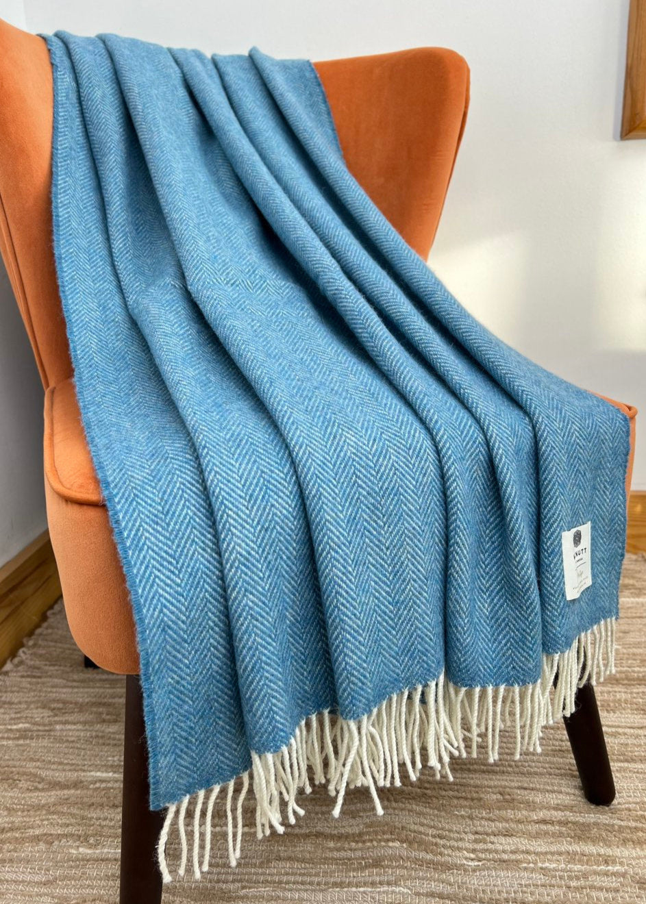 McNutt 100% Pure Wool Throw Blanket - Soft & Cozy Blue Sky Design for Living Room, Bedroom, or Gift Giving