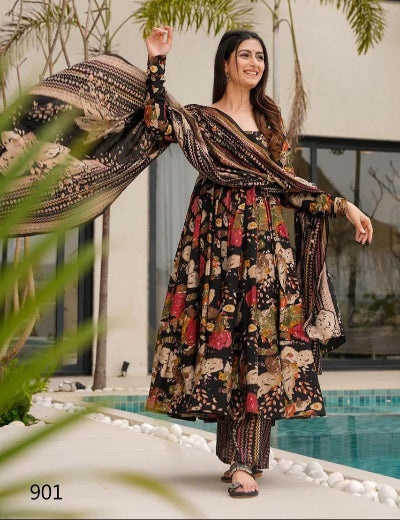 **Black Plus Size Floral Cotton Anarkali Suit Set for Women – Elegant Ethnic Dress for Weddings, Parties & Festive Occasions**