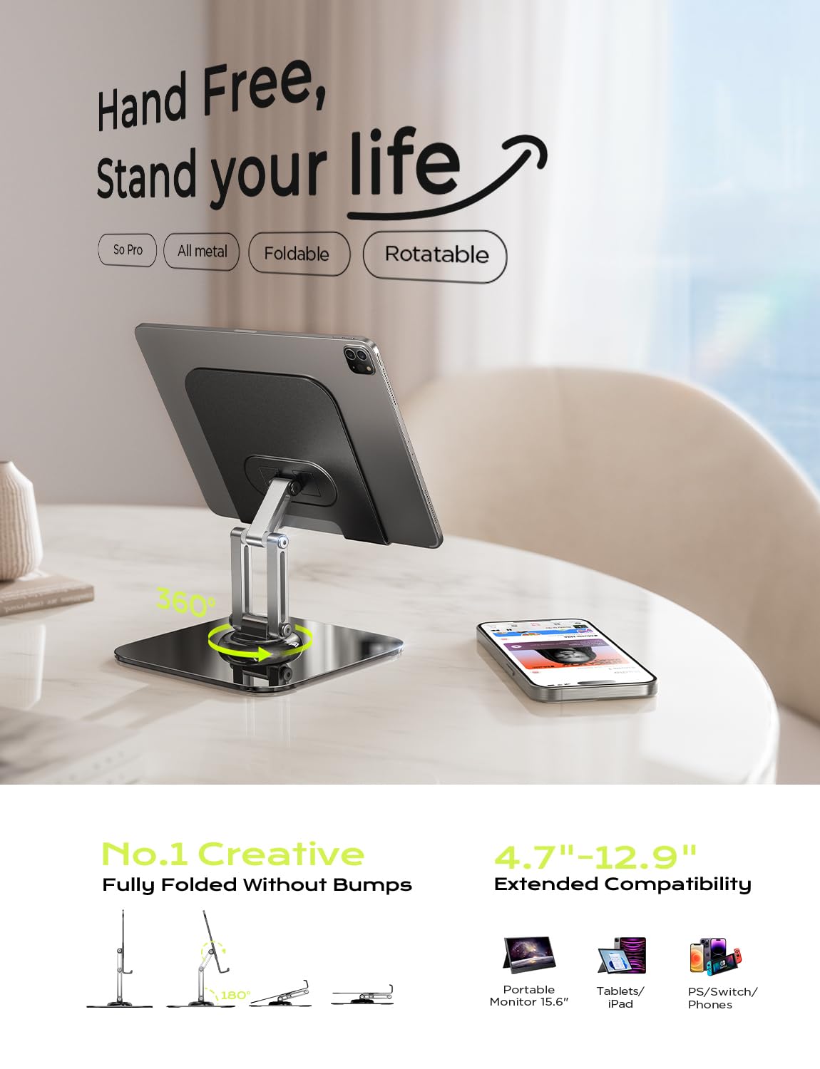Adjustable iPad Stand Holder - 360° Rotating Tablet Stand for Desk, Compatible with iPad Pro/Air/Mini, Kindle, iPhone 12.9