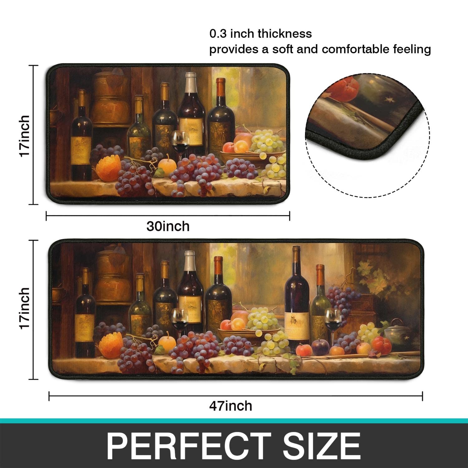 Premium 3D Wine-Themed Kitchen Rugs Set of 2 - Non-Slip Washable Runner Mats 17